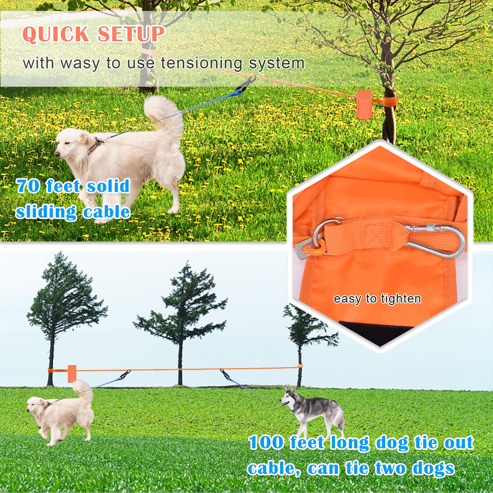 Upgraded Katolk Dog Tie Out Cable For Camping, 100Ft Portable Dog Trolley System For 2 Dogs, Knot-A-Hitch Dog Hitching System Up To 250Lbs, Dog Runner For Yard Camping Training Running Hiking Outdoor