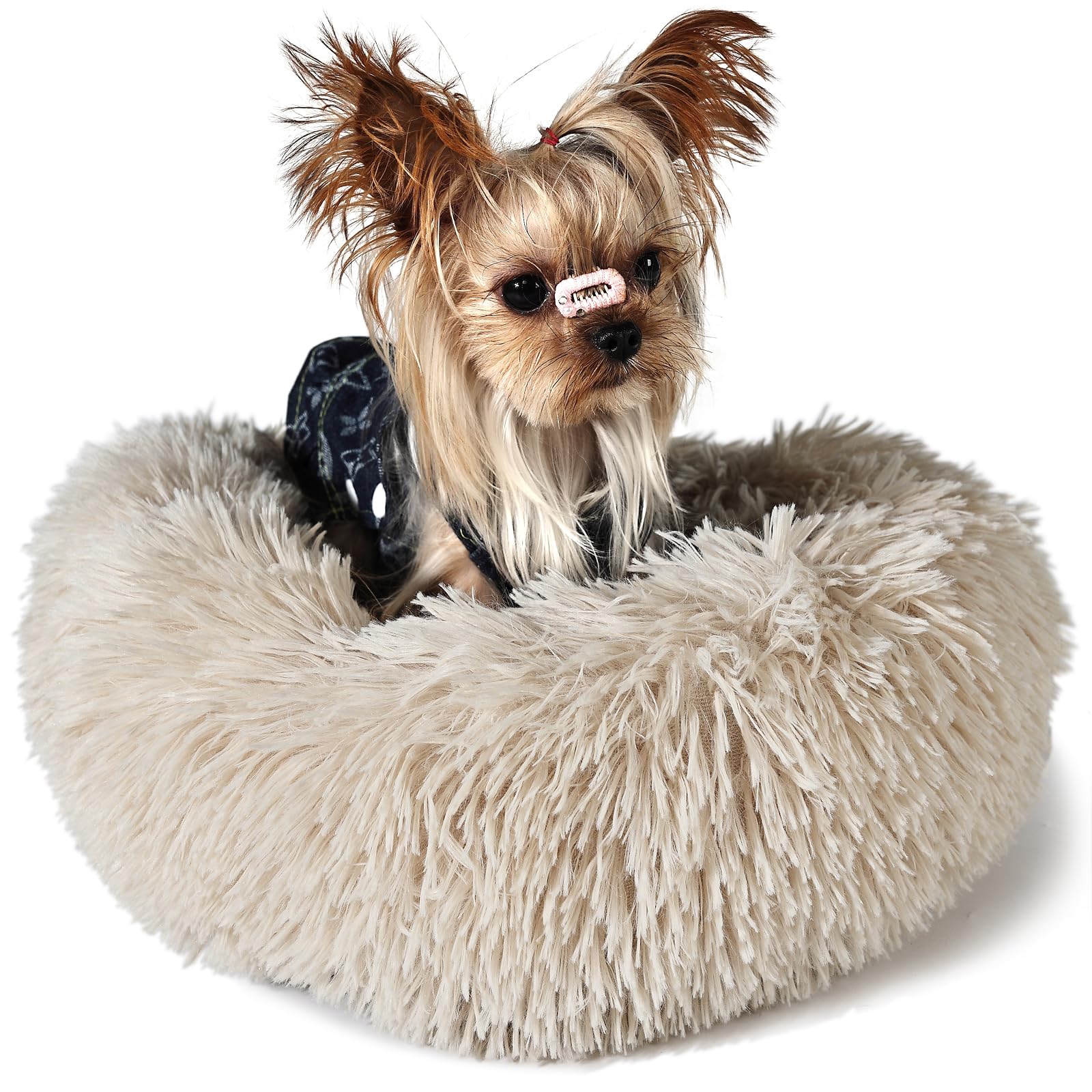 Tiny Dog Bed Extra Small Washable 15 inches Beige Donut Soft Small Dog Bed,Calming Anti Anxiety Round Fits up to 5 lbs Warm Comf