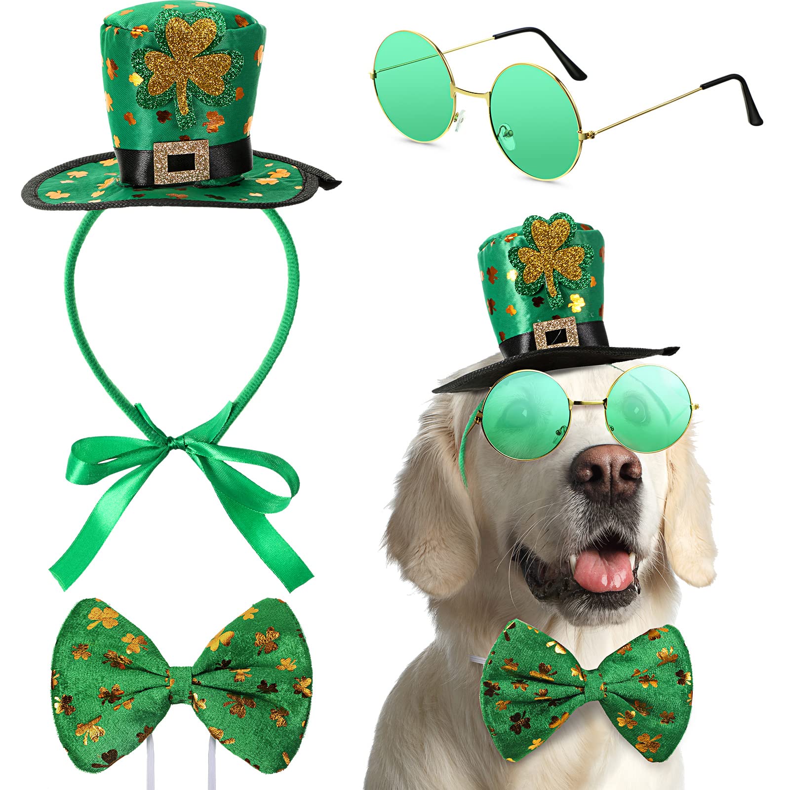 Yaomiao 3 Pcs St Patrick'S Day Dog Costume, St. Patty'S Day Doggie Headband Green Round Pet Sunglasses And Green Shamrock Bow Ti