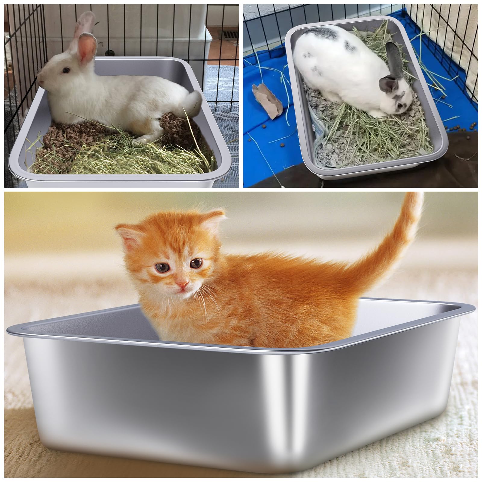 Futam Small Stainless Steel Litter Box 2 Pack,15.7''X11.8''X4'' Small Litter Box For Kittens, Easy Clean Non Stick Easy Entry No