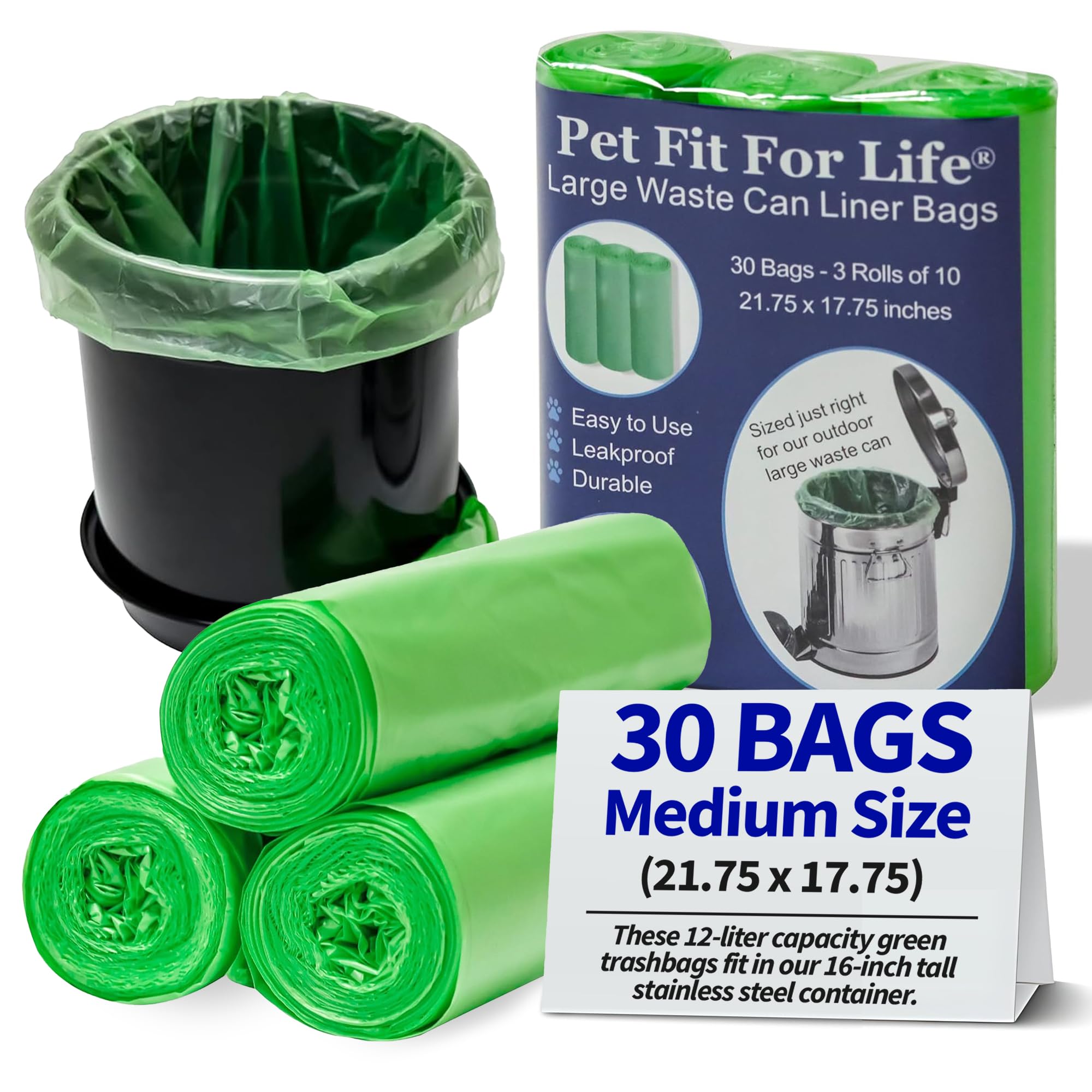 Pet Fit For Life 3.1 Gal Leak-Proof Wastebasket Liners - 3-Pack of 10 Medium Bags for Dog Droppings, Lawn, Garage, Home, Office,