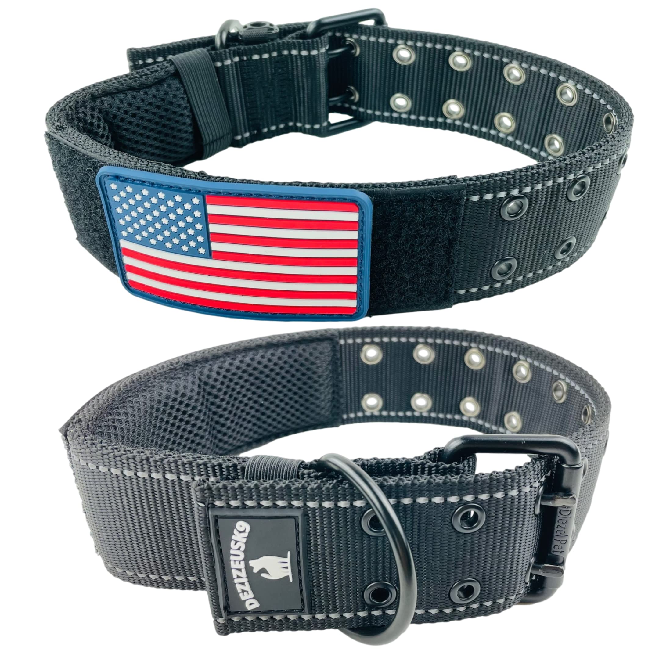 2' Personalized Tactical Dog Collar - Wide Thick Military Style With Strong Belt Buckle Closure - American Flag Patch - Reflective - Med And Xl Sizes For Large And Giant Dogs