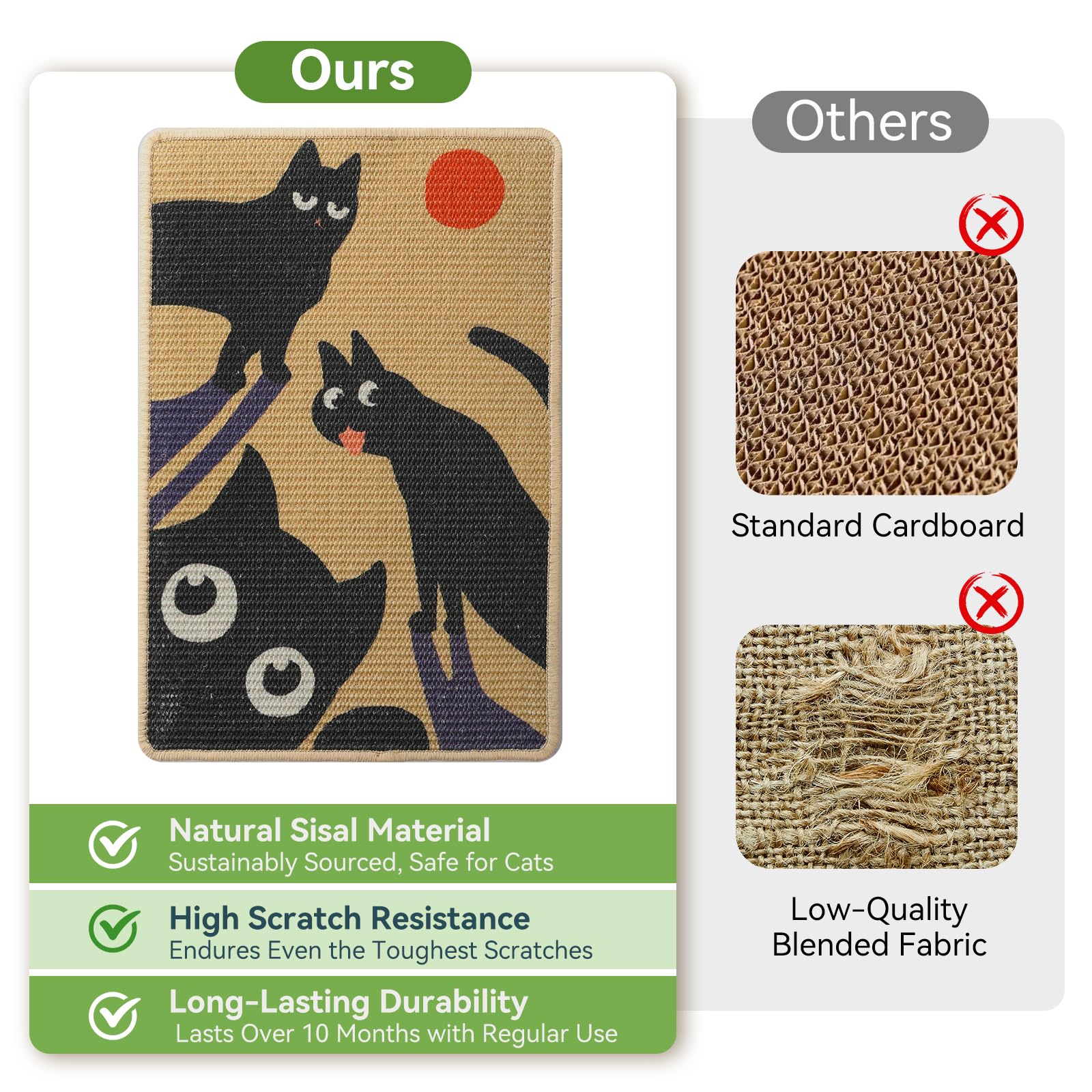 3-In-1 Sisal Cat Scratcher Mat 23.6X15.7'' Protects Carpet Couch & Furniture With Adhesive Tape, Floor & Wall Cat Scratching Pad