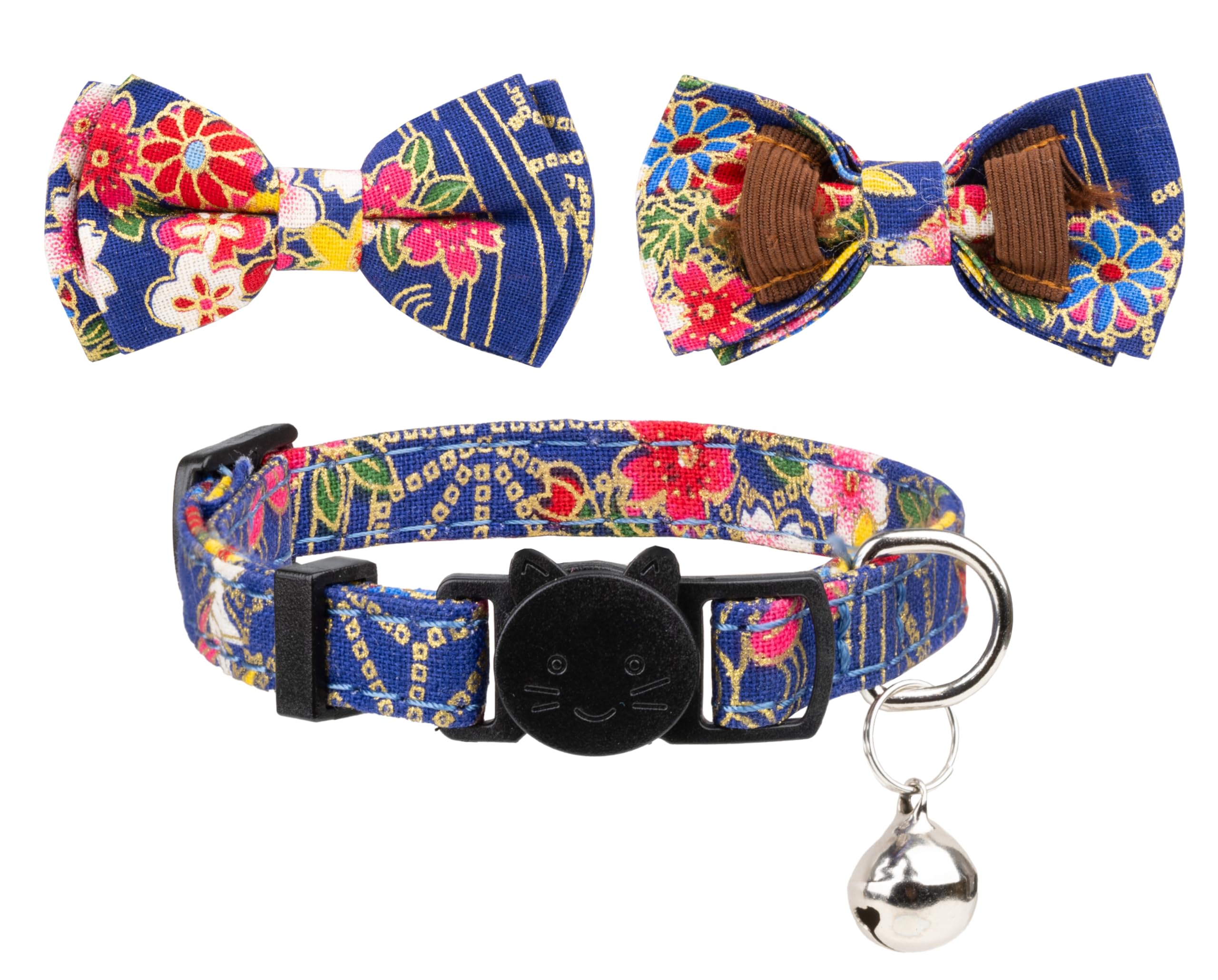 Gyapet Collar For Cat Pet Breakaway With Bell Bowtie Detachable Bow Adjustable Safety Kitten Puppy Girl Boy 2Pcs Navy Blue & Red