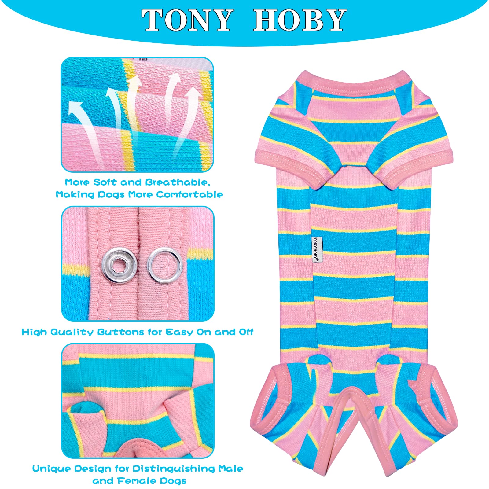Tony Hoby Female Dog Pajamas With Colorful Stripe, Pet Clothes For Small Medium Dogs (Pink&Blue, Girl, Xs)