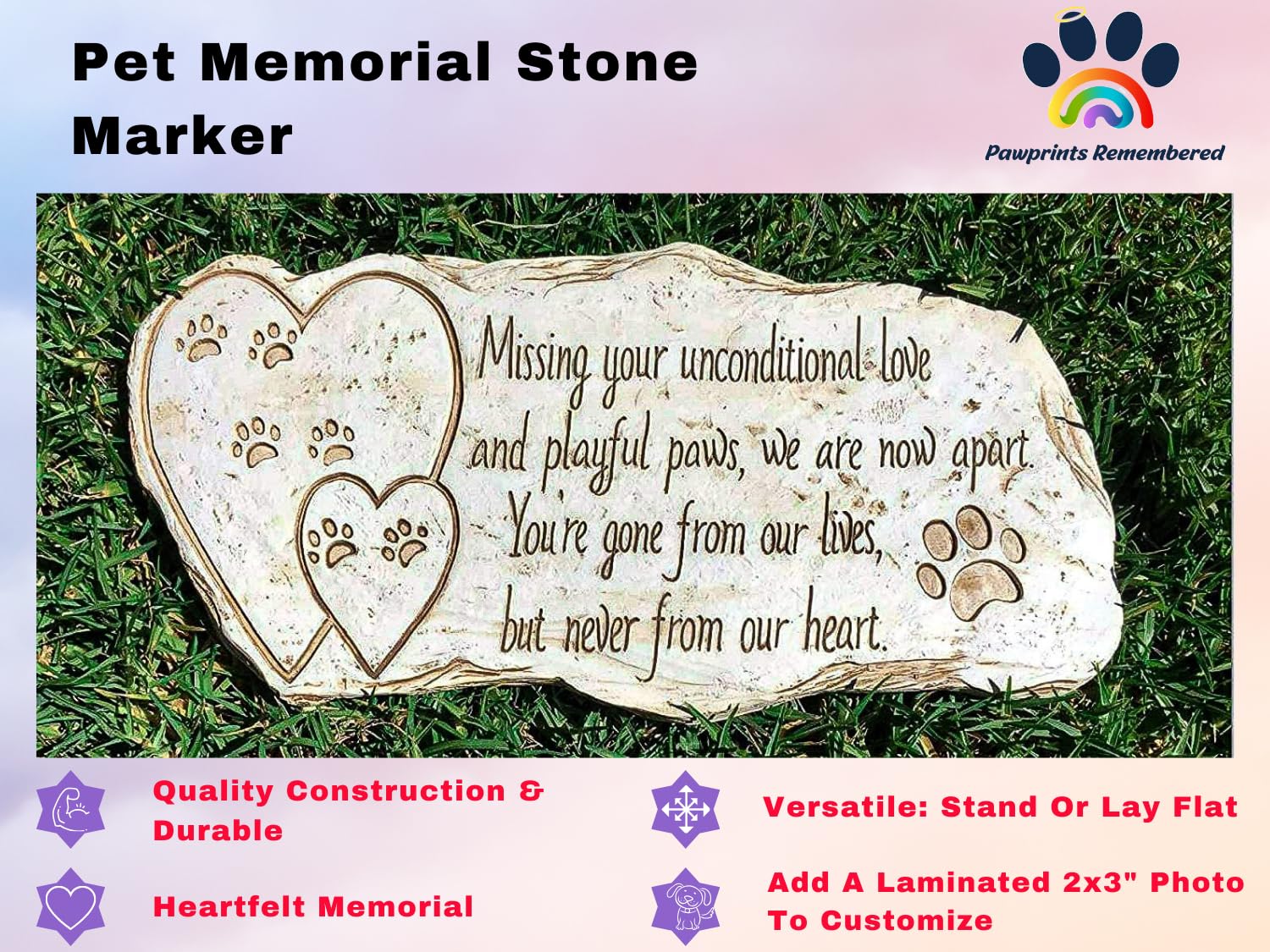 Pawprints Remembered Pet Memorial Stone Marker For Dog Or Cat - For Outdoor Garden, Backyard, Or Lawn. Pet Grave Headstone Tombs