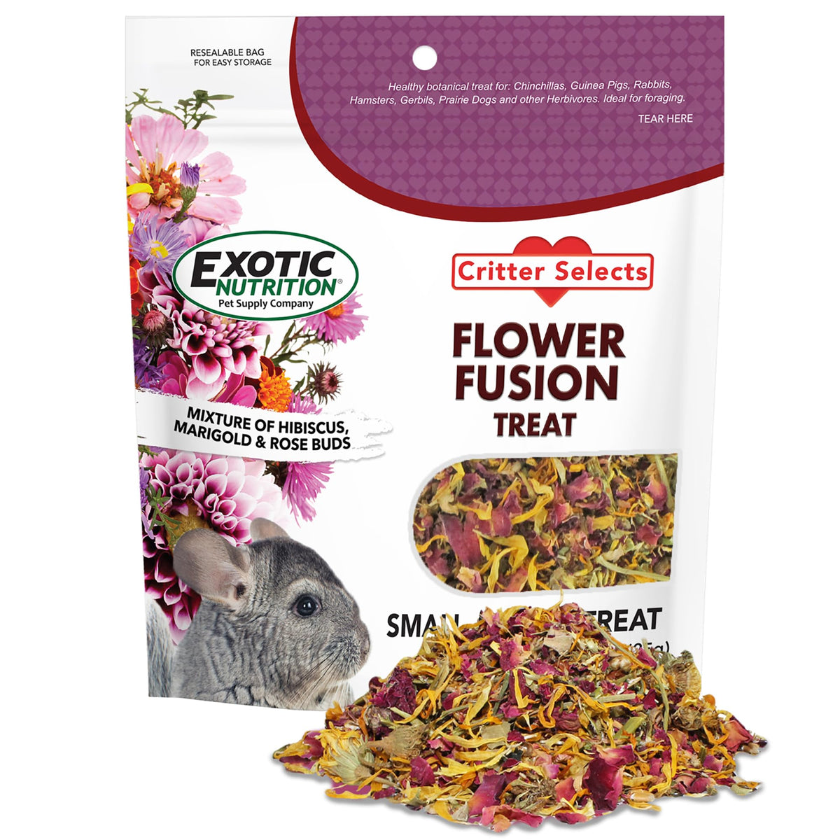 Flower Fusion Treat (1/2 lb) - Healthy Natural Dried Flower Herbivore Treat - Chinchillas, Guinea Pigs, Rabbits, Prairie Dogs, D