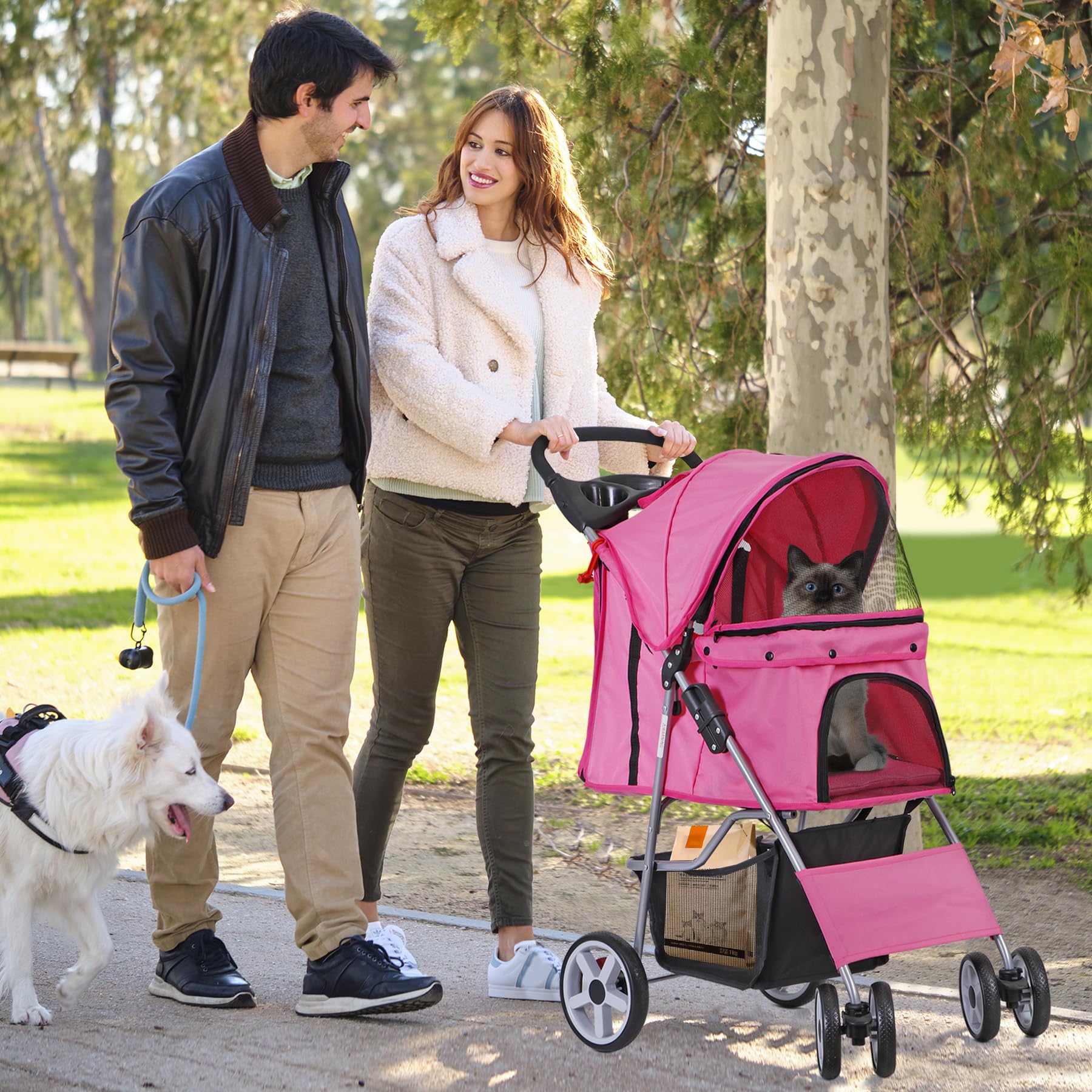 Lemy Pet Stroller, 4 Wheels Dog Cat Stroller With Storage Basket&Cup Holder, Folding Dog Cat Cage Jogger Stroller For Small Medi