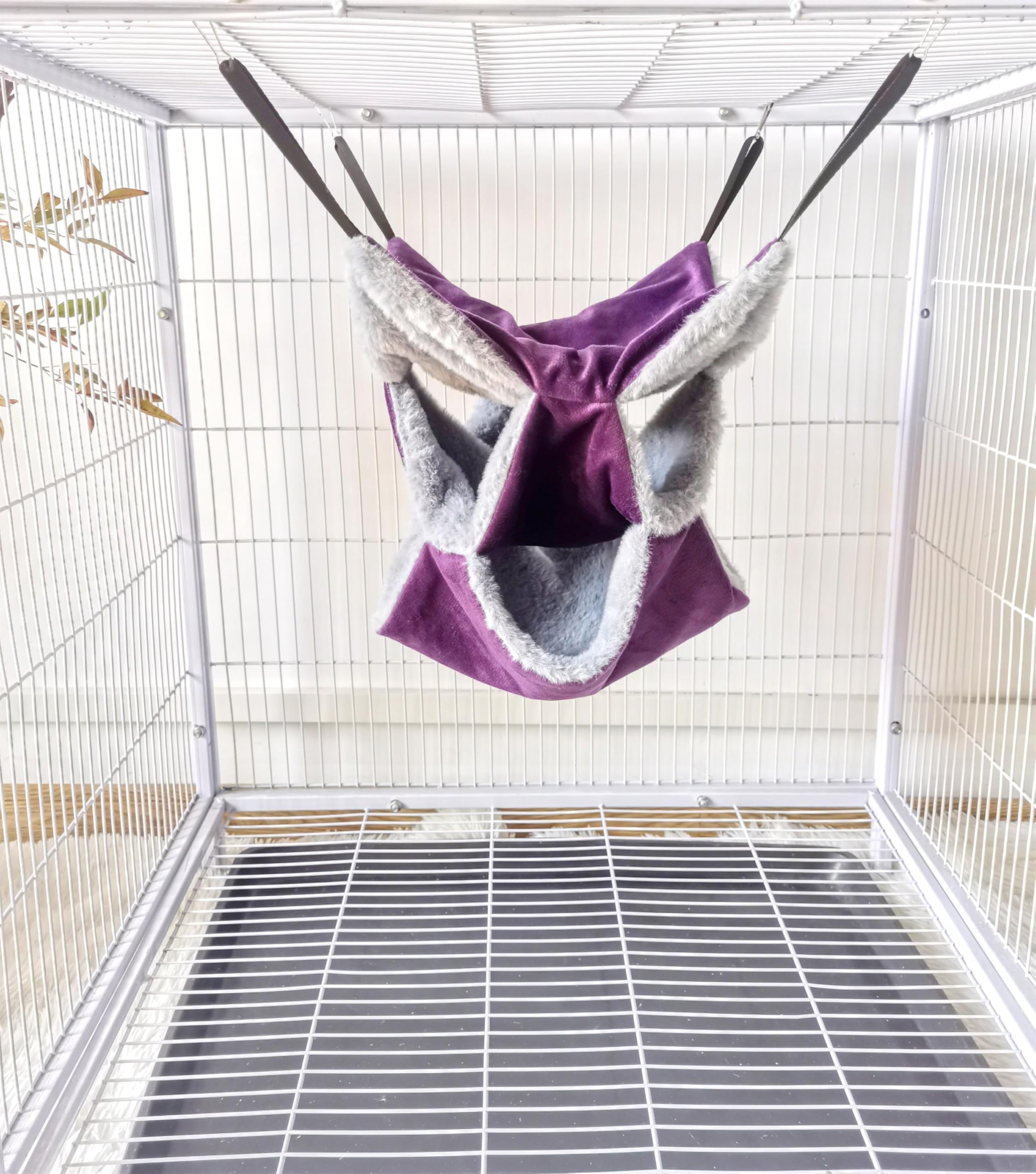 Vedem Small Animals Warm Plush Triple Bunkbed Cage Hanging Hammock Bed Hideout For Sugar Glider Ferret Squirrel (Purple/Grey)