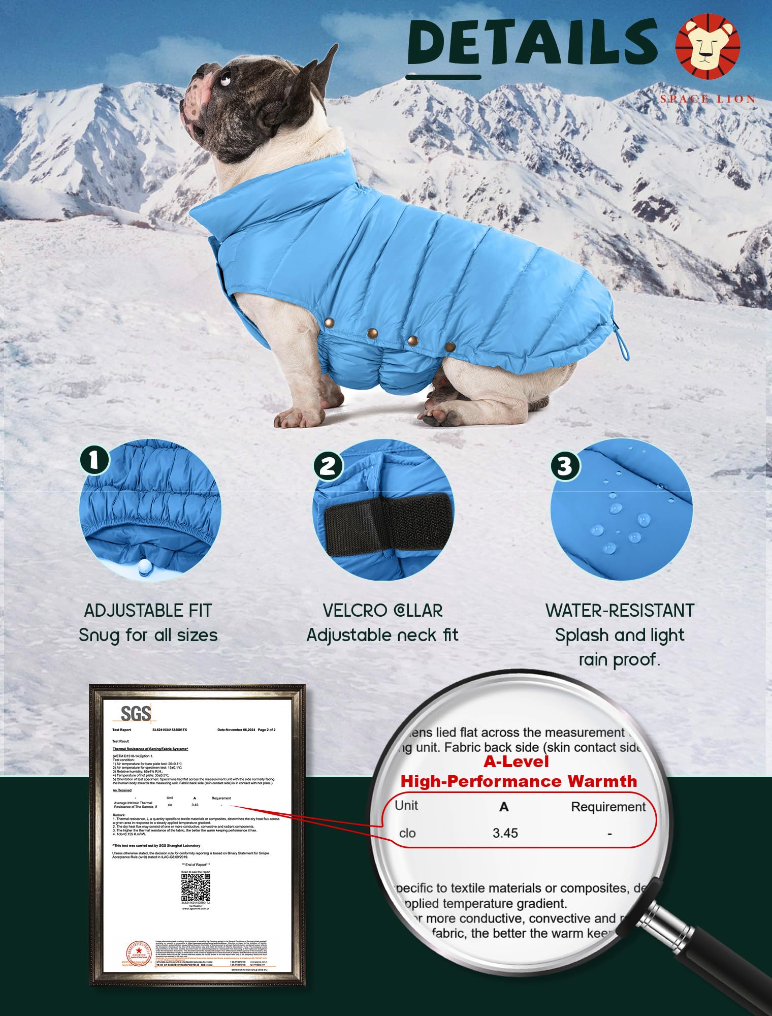 Space Lion Puffer Jacket, Down Winter Coat, Waterproof, Windproof, Lightweight Jacket, Adjustable Fit For Small To Large Dogs (B