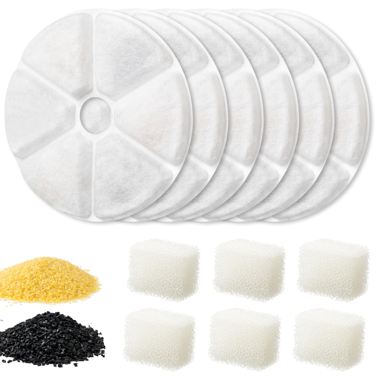 6 Pack Cat Water Fountain Filters Replacement & 6 Sponges: Triple Filtration Activated Carbon Ion Resin Cotton For 84Oz/2.5L Sta