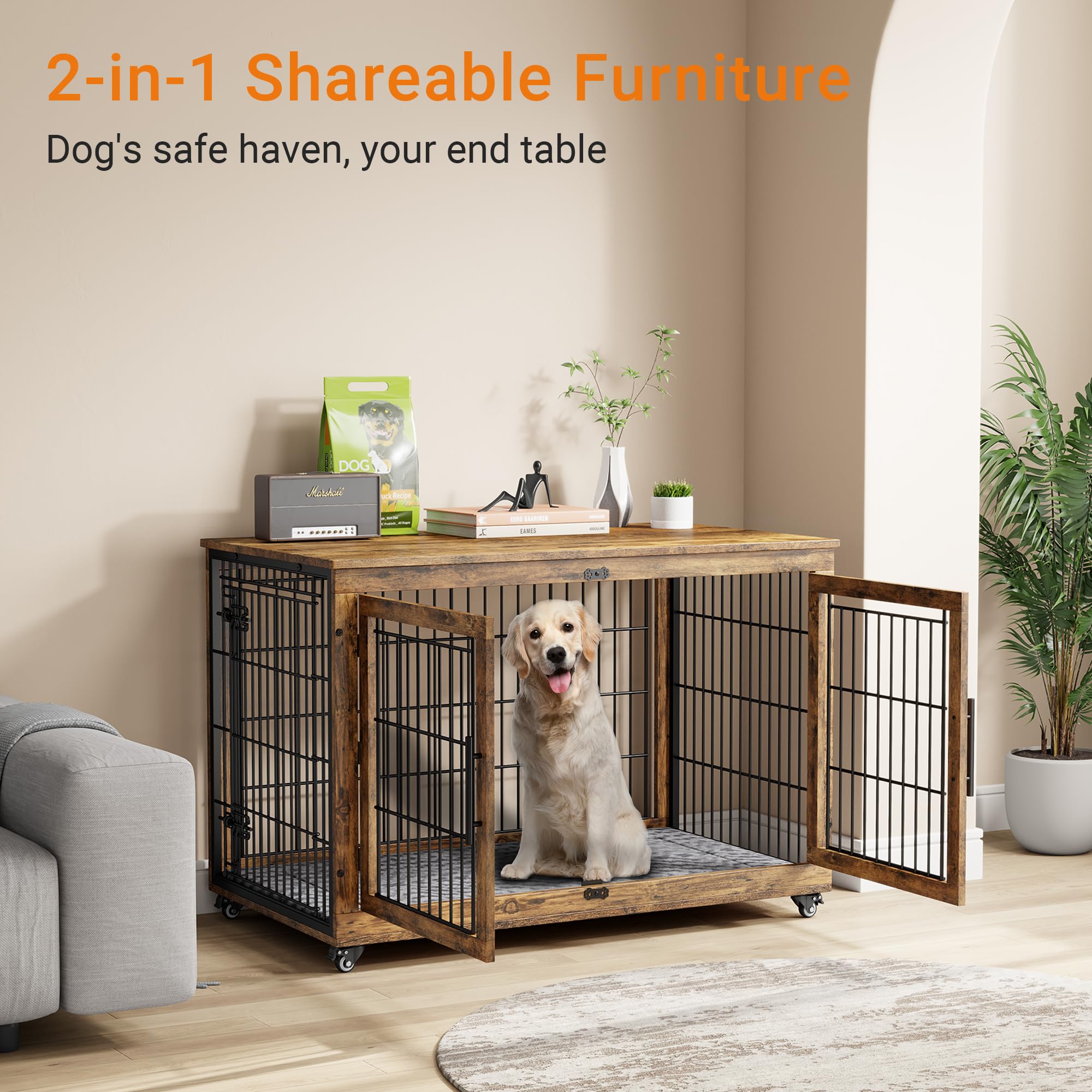 Lulive XL Wooden Dog Crate Furniture, 44'' Heavy Duty Kennel, Brown, Chew-Resistant with Cushion & Wheels