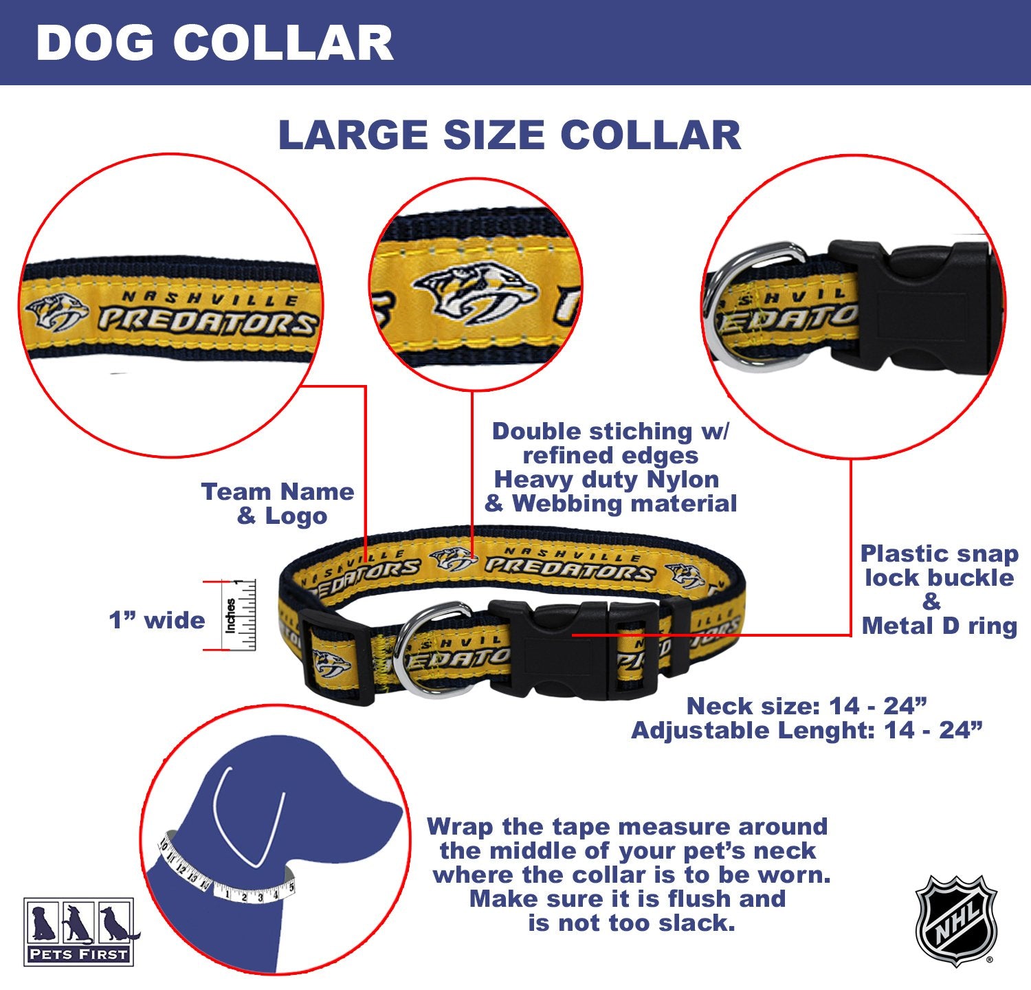 Pets First Nhl Nashville Predators Collar For Dogs & Cats, Large. - Adjustable, Cute & Stylish! The Ultimate Hockey Fan Collar!