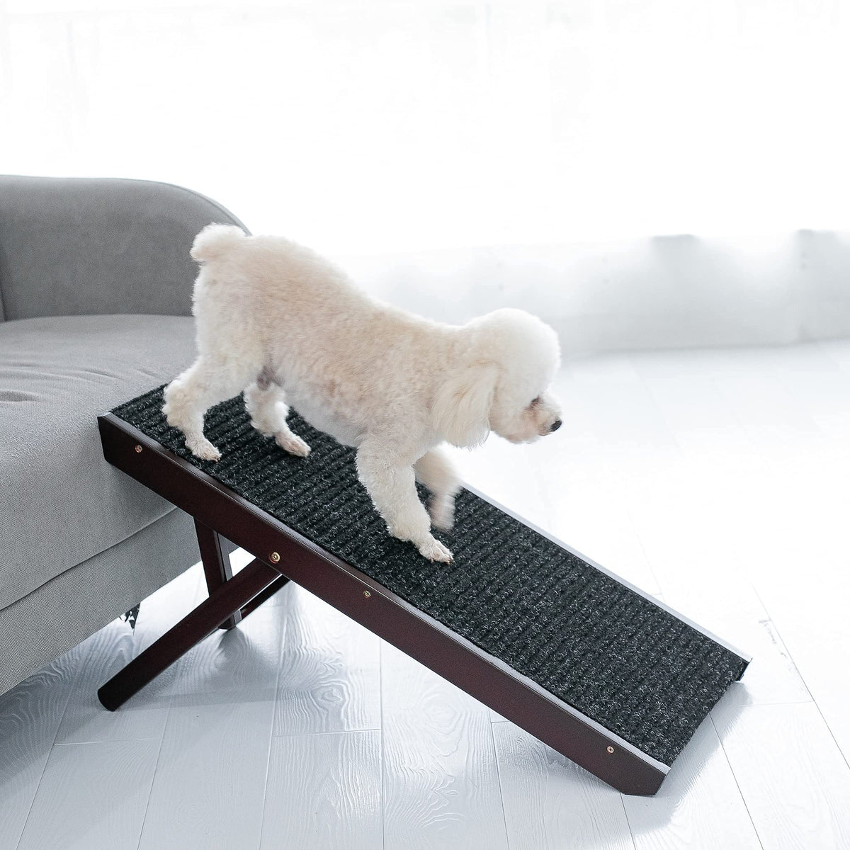 Mewang 19' Tall Adjustable Pet Ramp - Wooden Folding Portable Dog & Cat Ramp Perfect For Bed And Car - Non Slip Carpet Surface 4 Levels Height Adjustable Ramp Up To 90 Pounds - Small Dog Use Only