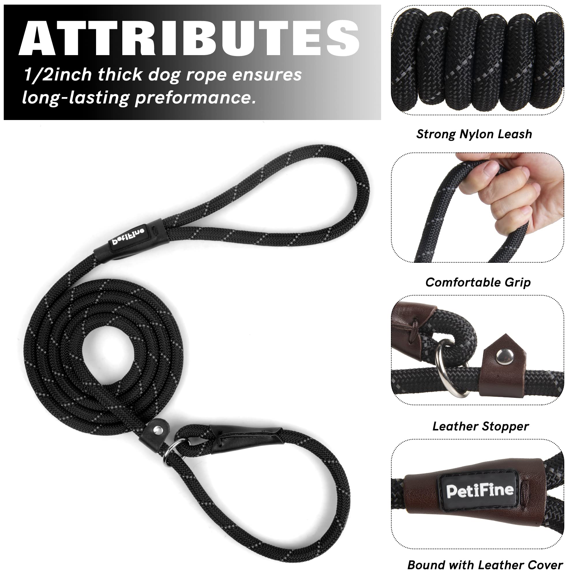 Petifine 6 Ft Slip Lead Dog Leash, Full Reflective Dog Training Leash, Heavy Duty Adjustable Pet Nylon Slip Rope Lead For Small Medium Large Dogs (3/8' -6 Ft, Black)
