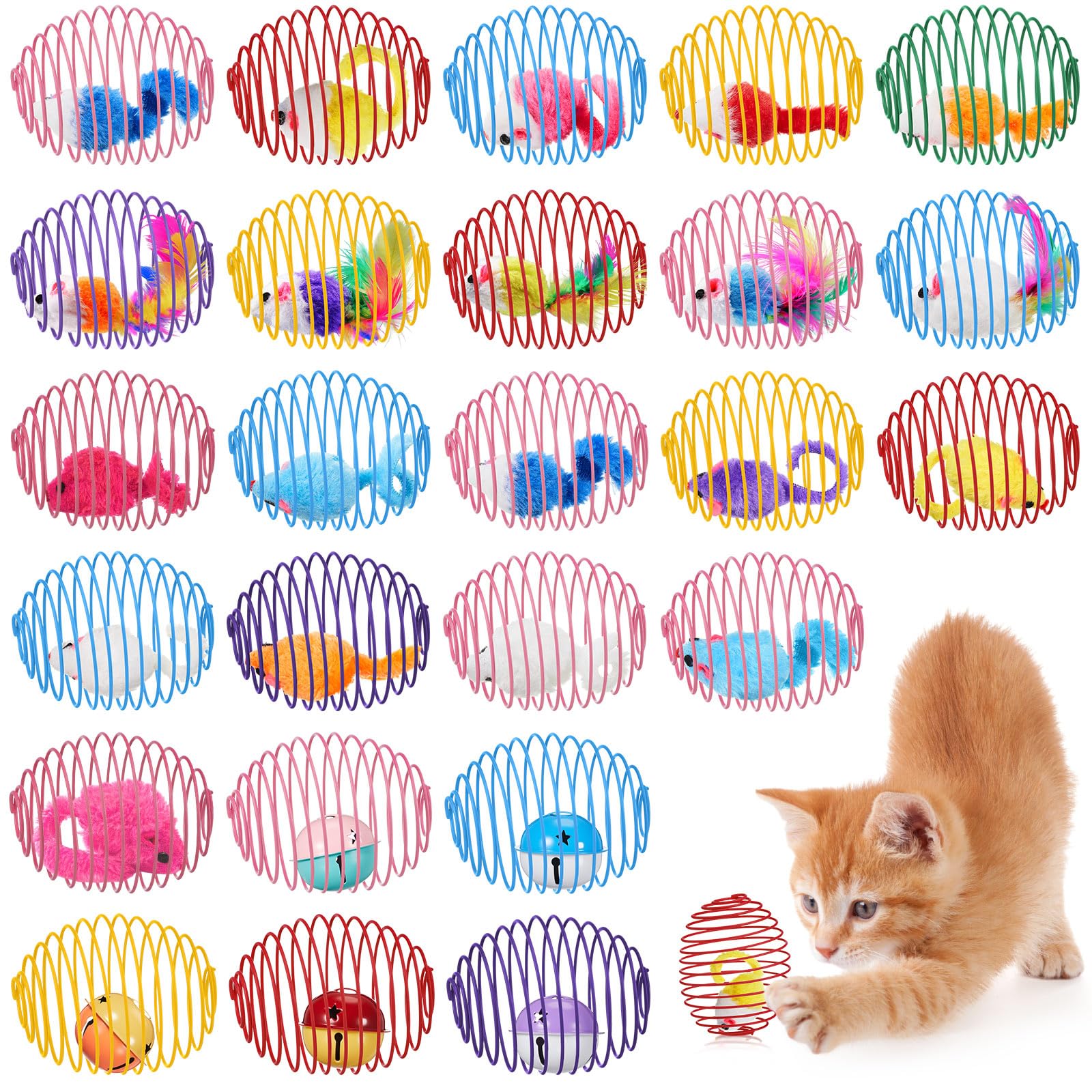 Jecery 25 Pcs Cat Spring Balls Toys Stretchable Rolling Balls Colorful Playful Coils Interactive Action Toy Caged Rats for Kitte