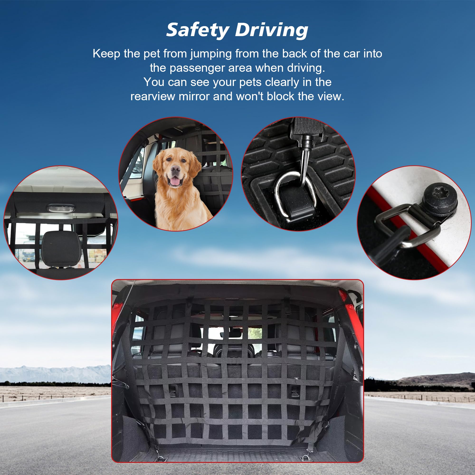 G Dog Barrier Rear Cargo Net Compatible With Jeep Wrangler Accessories Jk Jl Unlimited Sahara 4-Door 2007-2025, Safety Mesh Pet