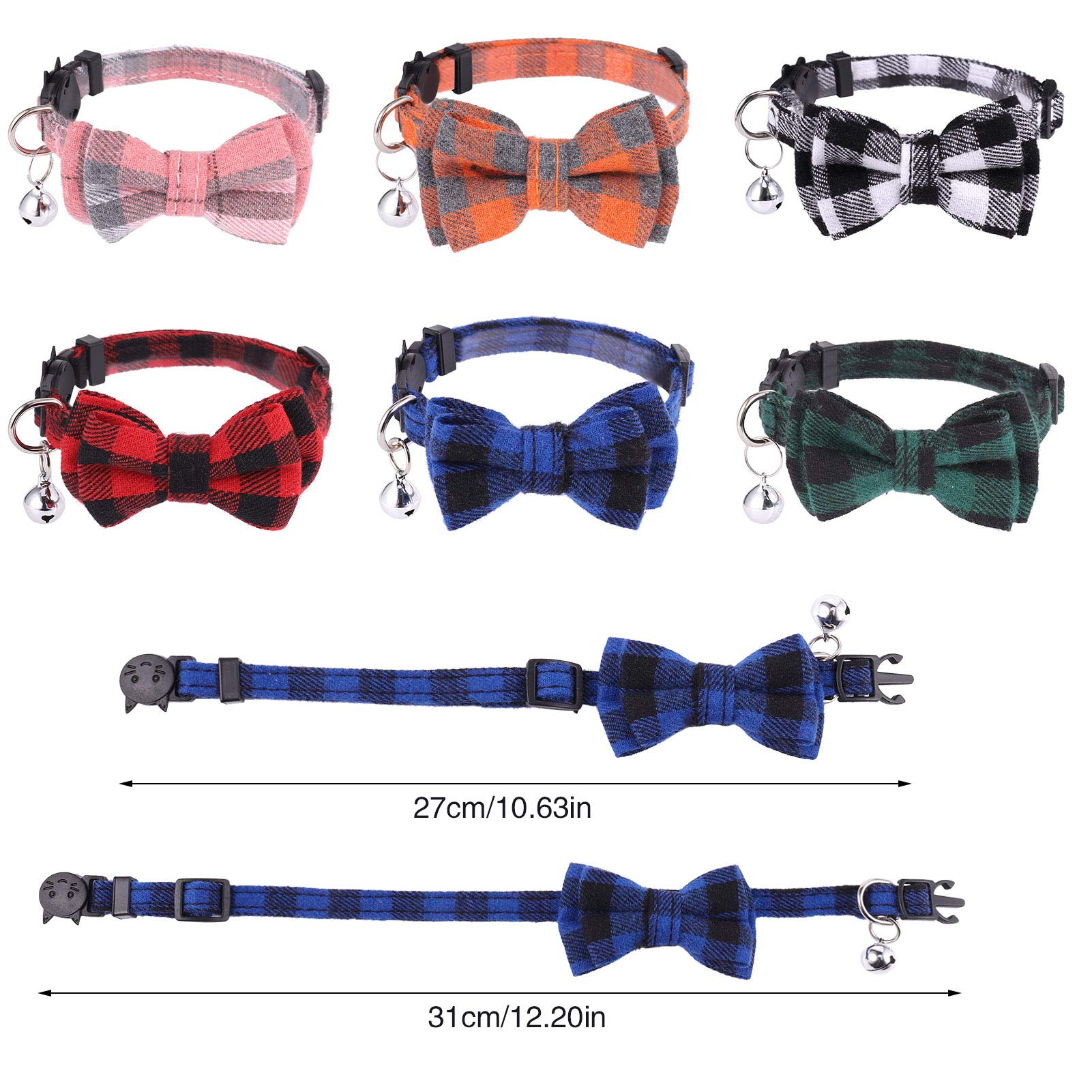 Dragonflydreams 6 Pcs Cat Collars With Bow Tie And Bell,Cat Collars Plaid,Breakaway Adjustable Cat Bow Tie Collars,Cute Bow Tie