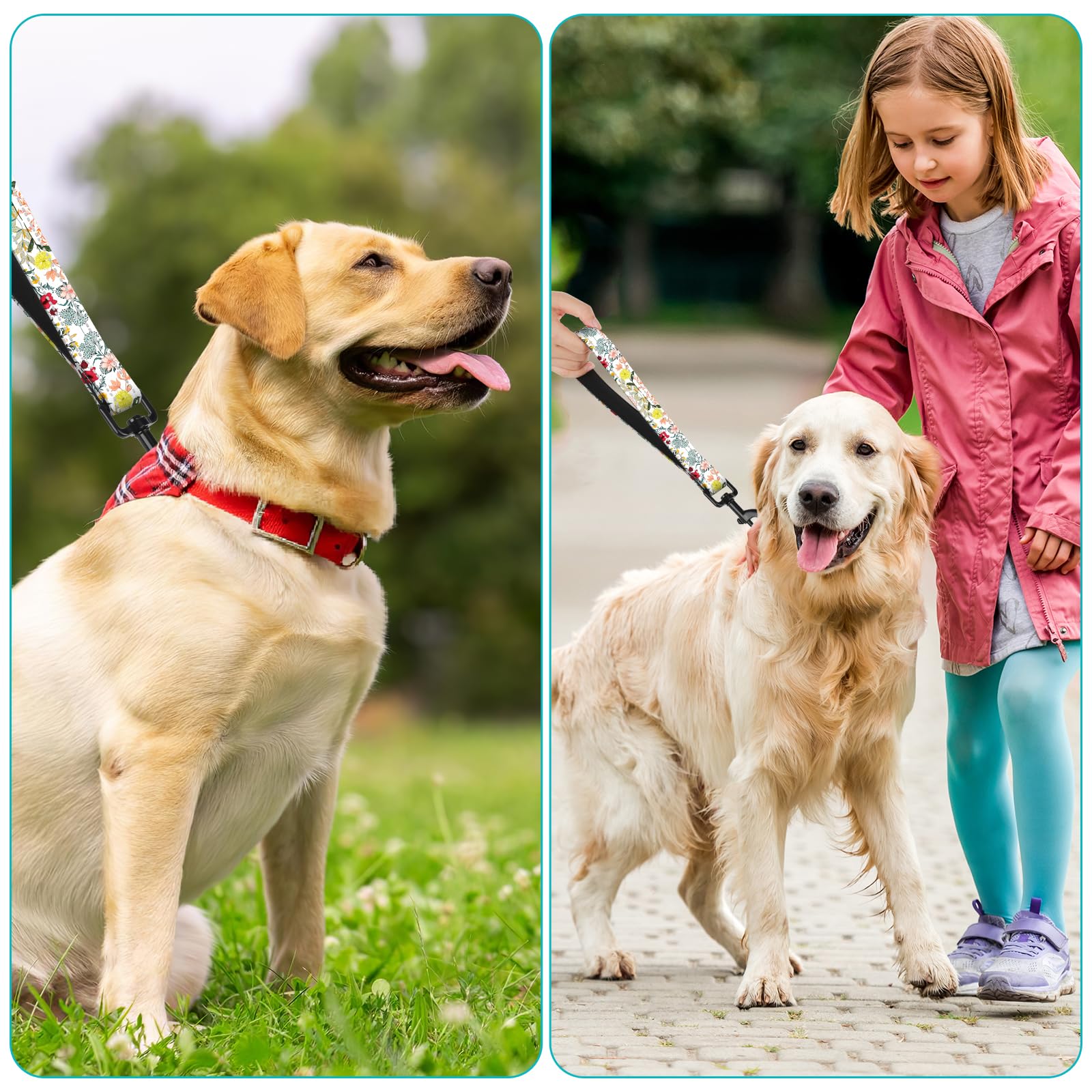 Short Dog Leash With Reflective Nylon Padded Handle - Ideal For Training And Control Of Large And Medium Dogs (White Flowers)