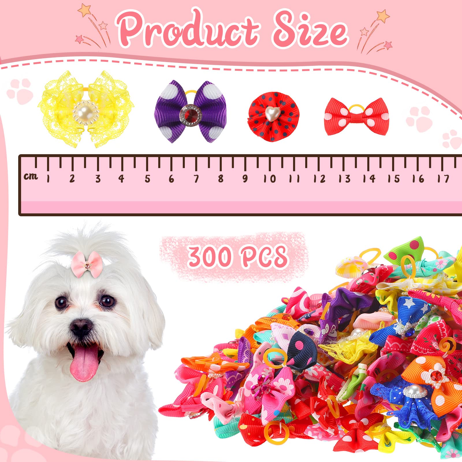 Reginary 300 Pack Dog Bows Grooming Cute Dog Hair Bows Girl With Rubber Bands Small Puppy Bowknots Colorful Hair Accessories For