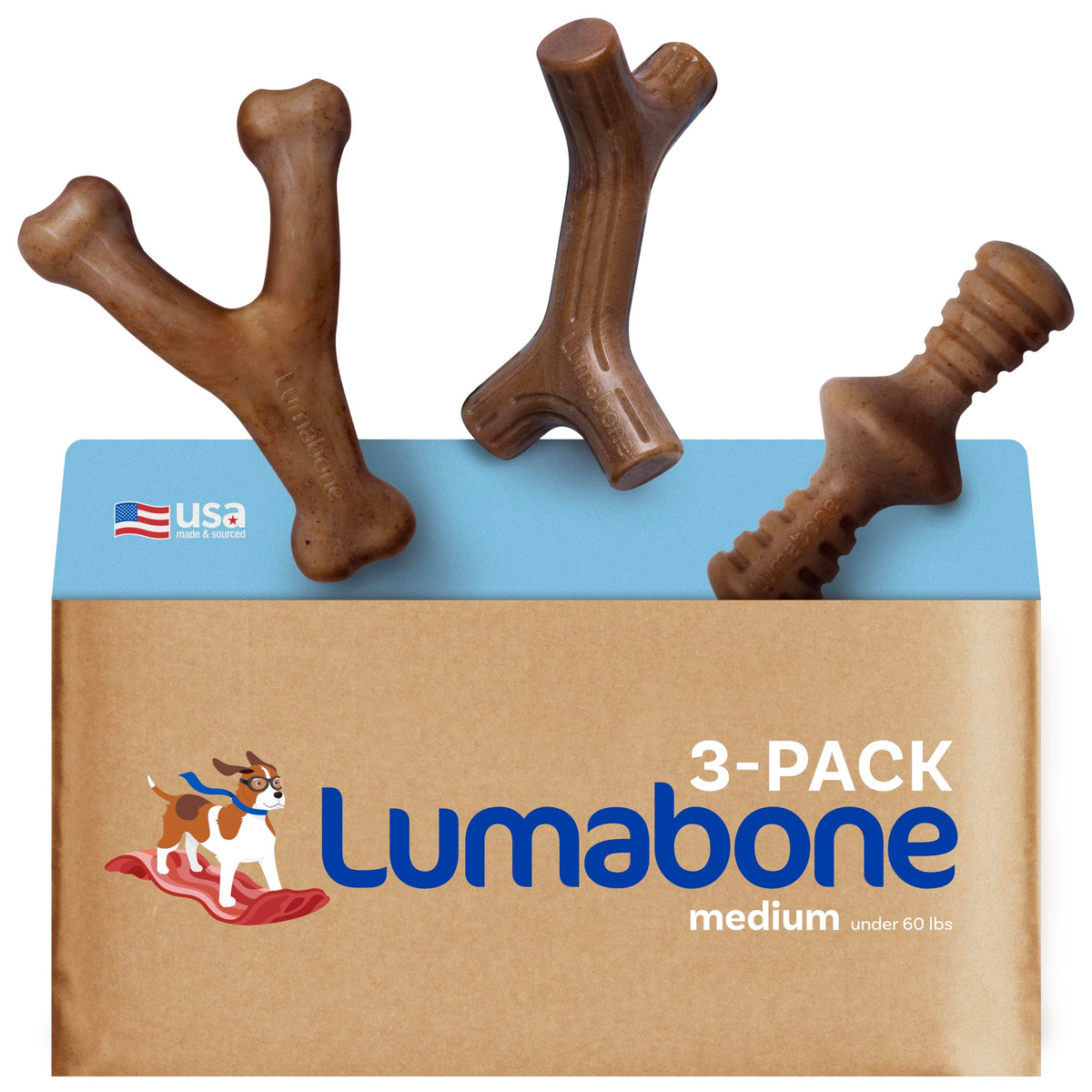 Lumabone Real Bacon Medium 3-Pack Durable Dog Chew Toys For Aggressive Chewers, Made In Usa – Wishbone, Zaggler, Stick