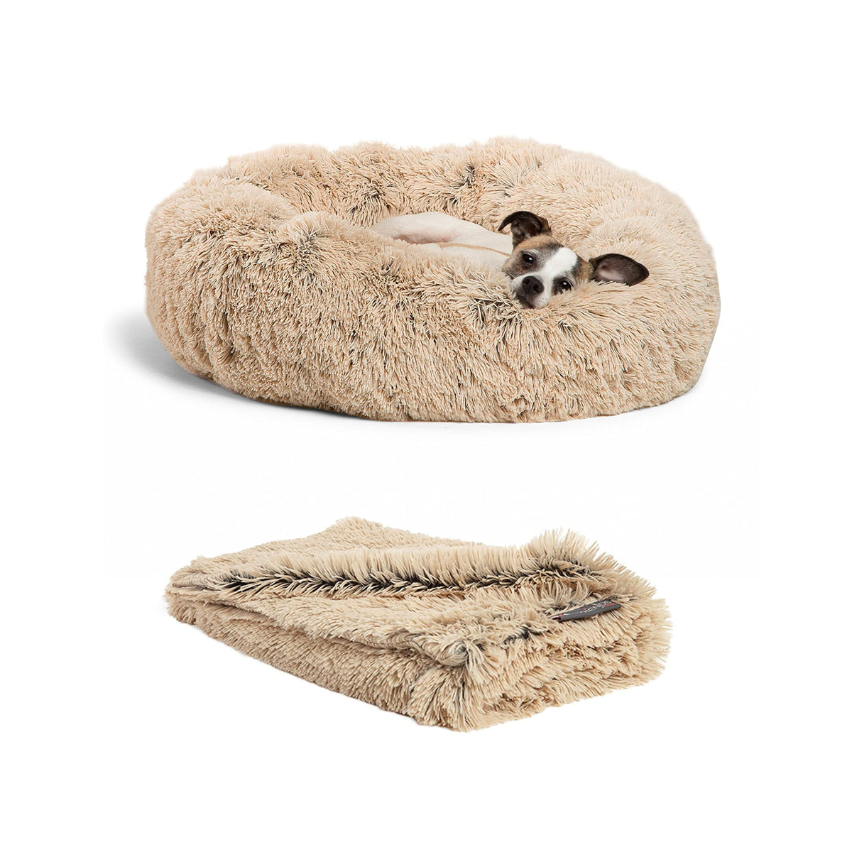 Best Friends By Sheri Bundle Set The Original Calming Shag Donut Cuddler Cat And Dog Bed + Pet Throw Blanket Taupe Small 23''