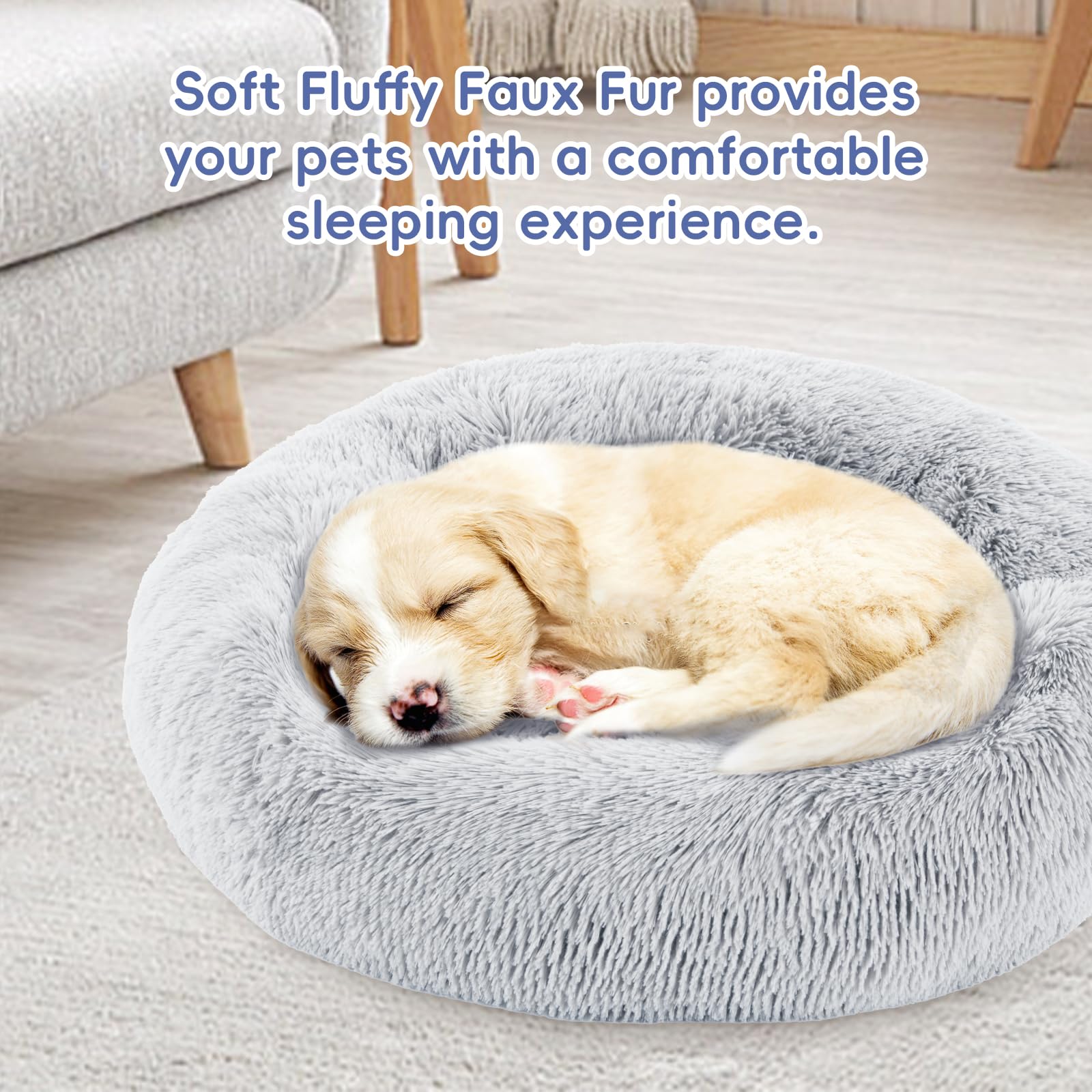 Fluffydream 24 Inch Donut Dog Bed, Calming Plush Fur Cuddle Bed For Dogs And Cats, Grey Washable Round