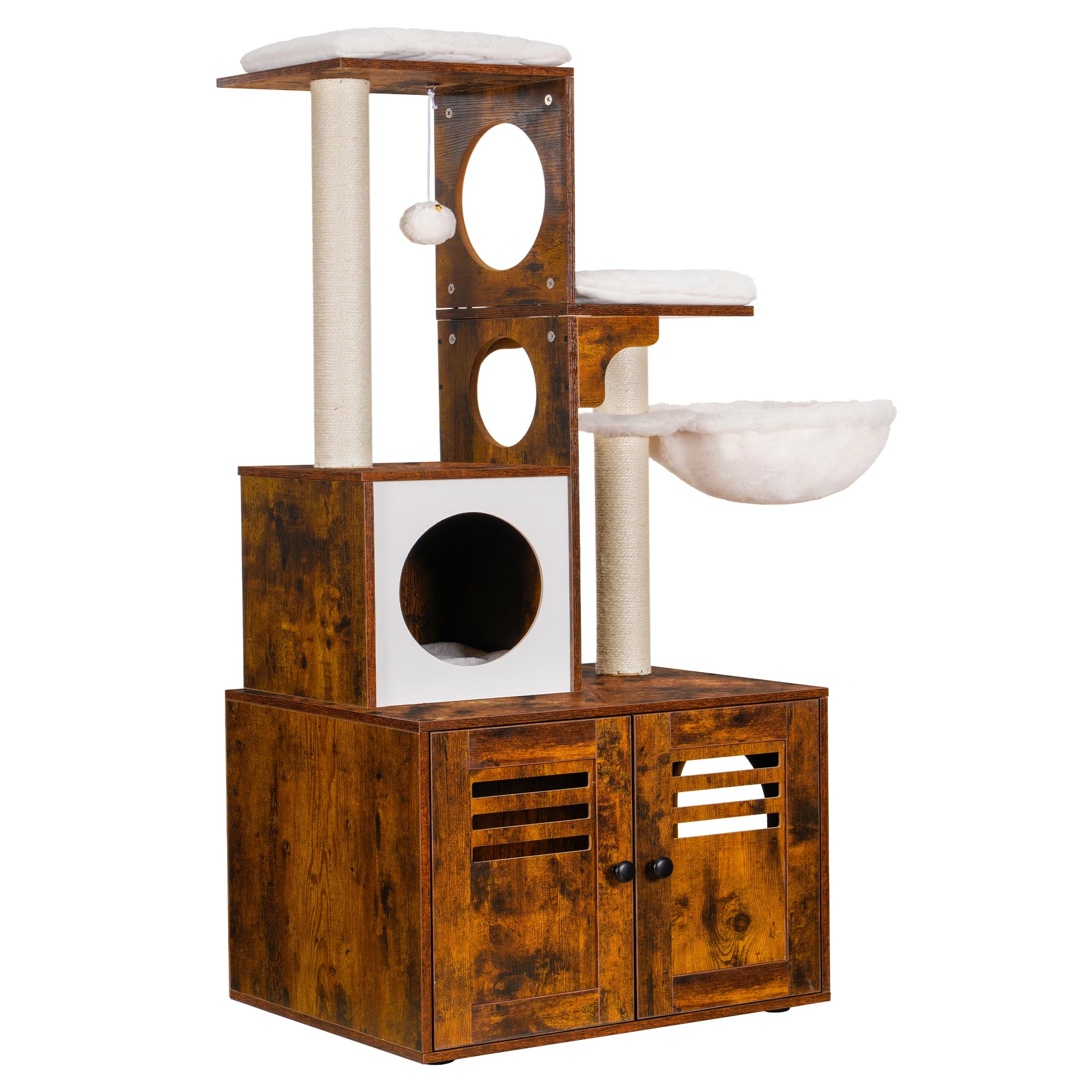 Heybly Cat Tree, Wood Litter Box Enclosure with Food Station, All-in-one Indoor Cat Furniture with Large Platform and Condo, Mod