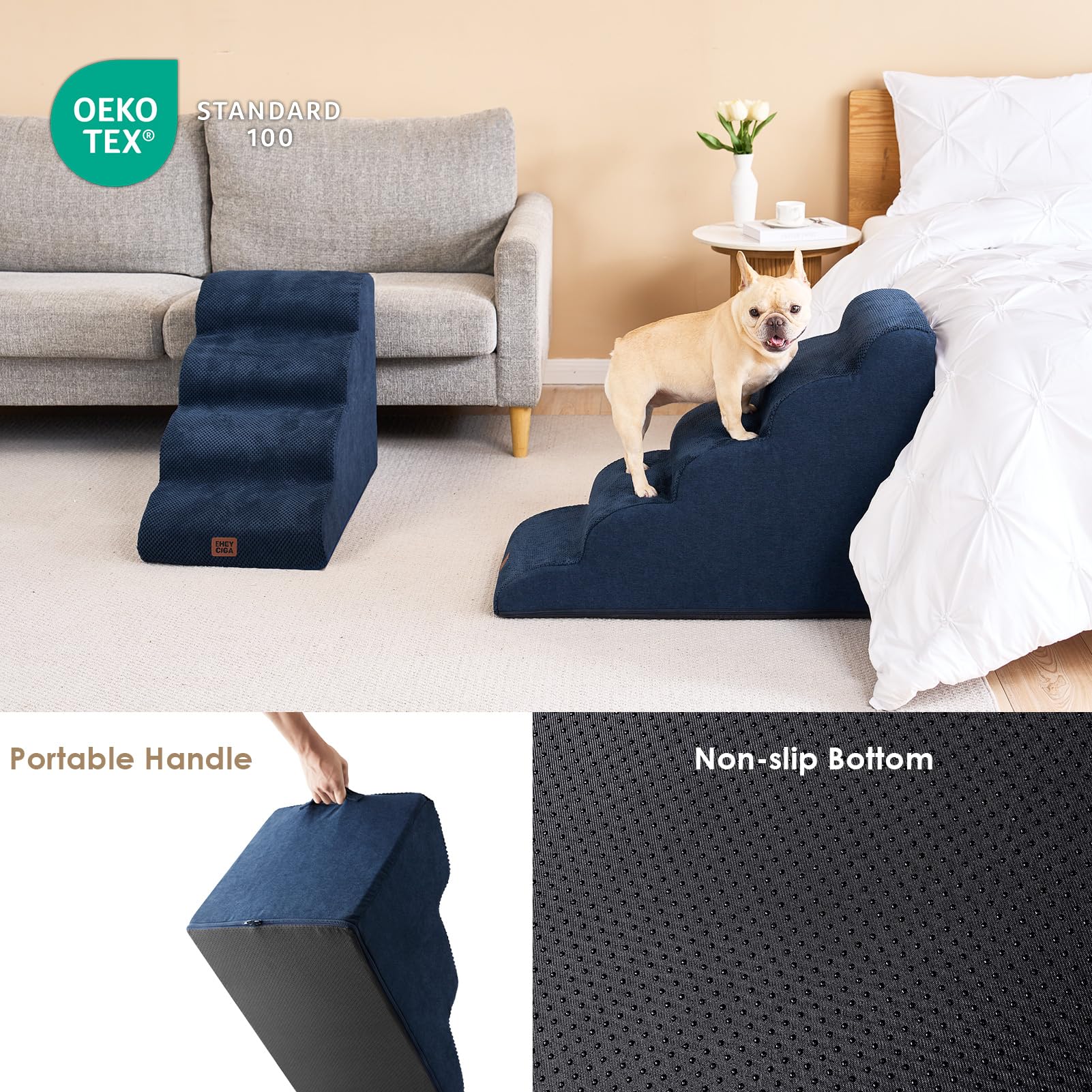 Eheyciga Curved Dog Stairs Ramp For High Beds 22.6' H, 5-Step Dog Steps For Small Dogs And Cats, Pet Stairs For High Bed Climbing, Non-Slip Balanced Pet Step Indoor, Navy