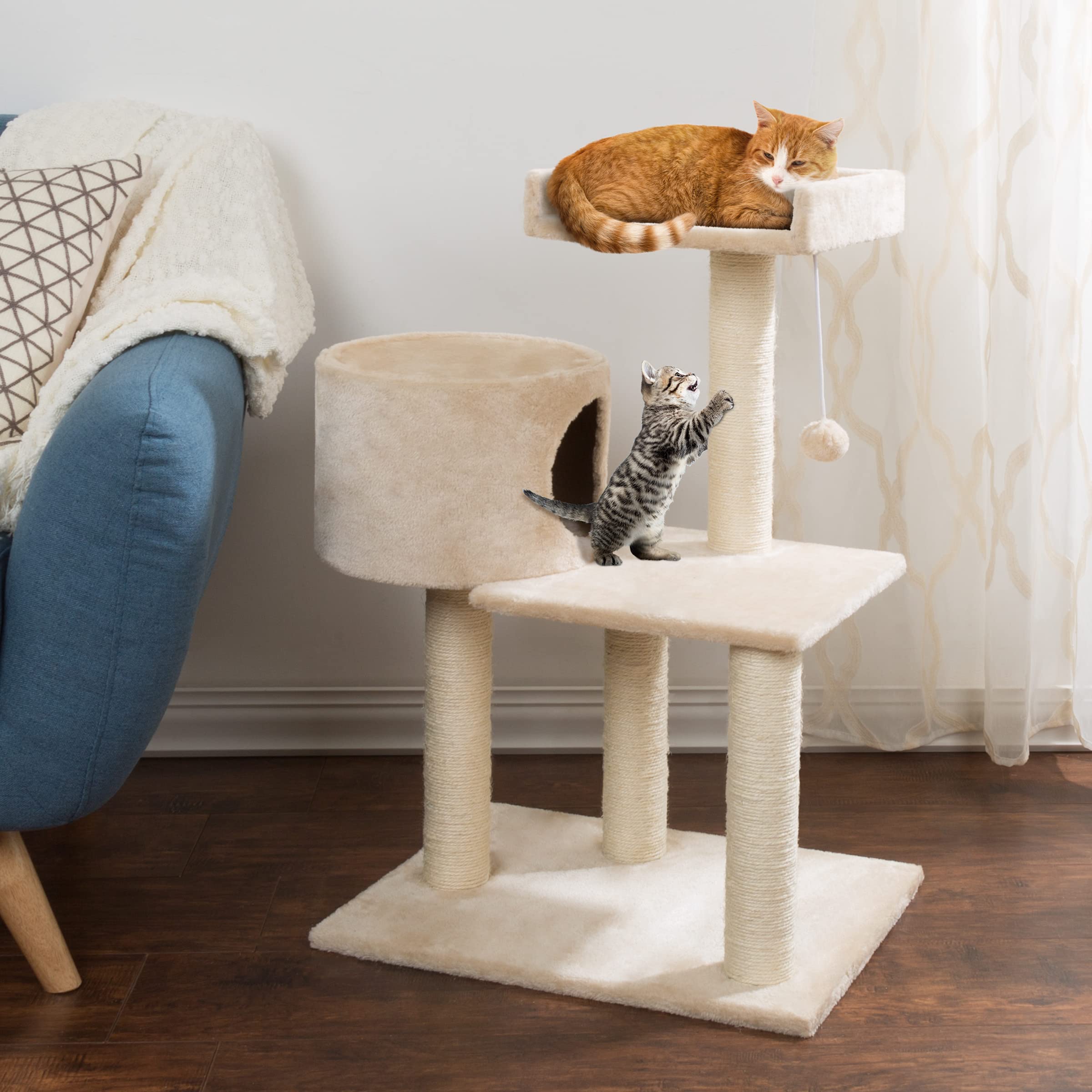 3-Tier Cat Tower - 2 Napping Perches, Cat Condo, 4 Sisal Rope Scratching Posts, Hanging Toy - Cat Tree For Indoor Cats And By Pe
