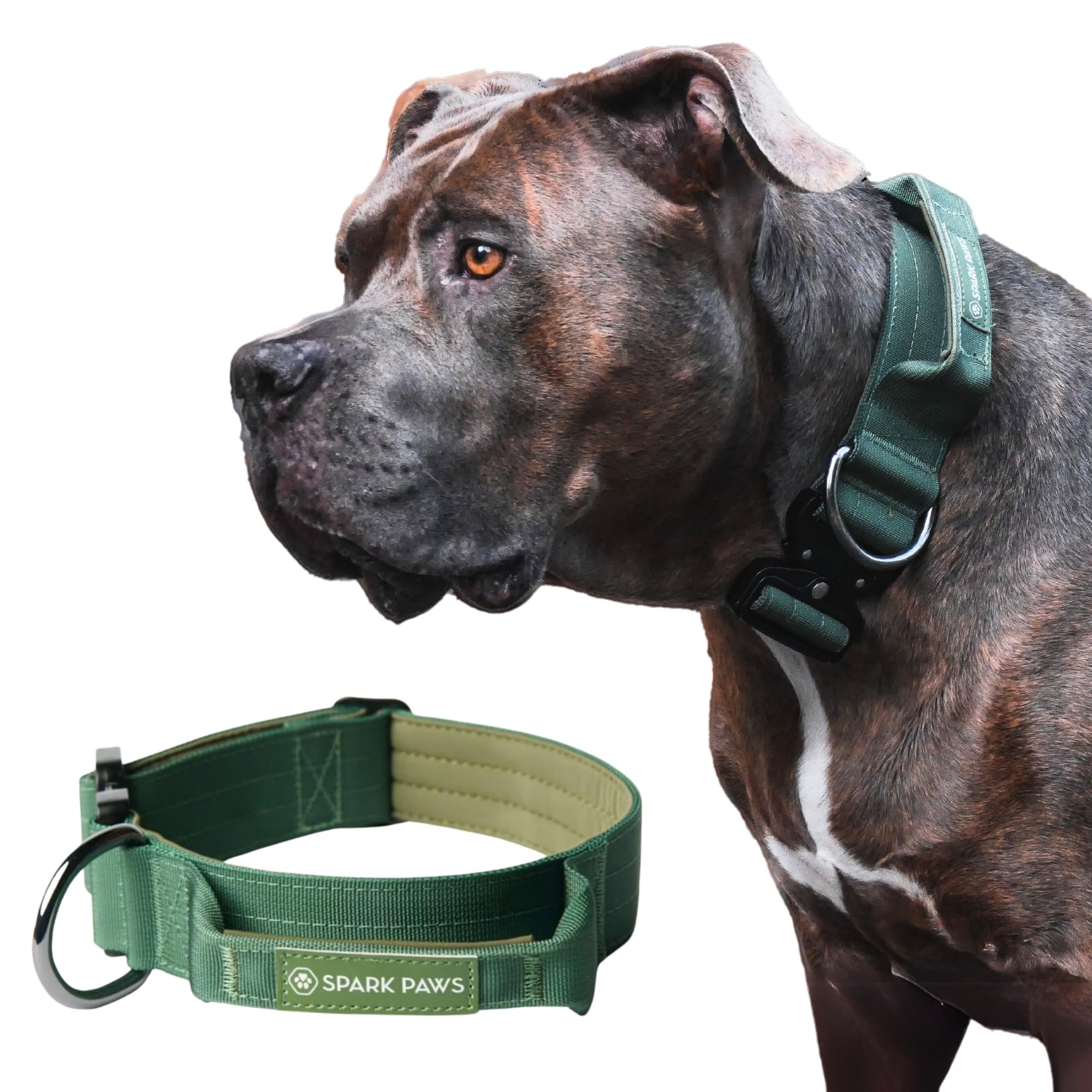 Spark Paws Tactical Dog Collar - Heavy Duty, Premium Quality, Thick And Durable For Large And Medium Dogs - Solid Green - M