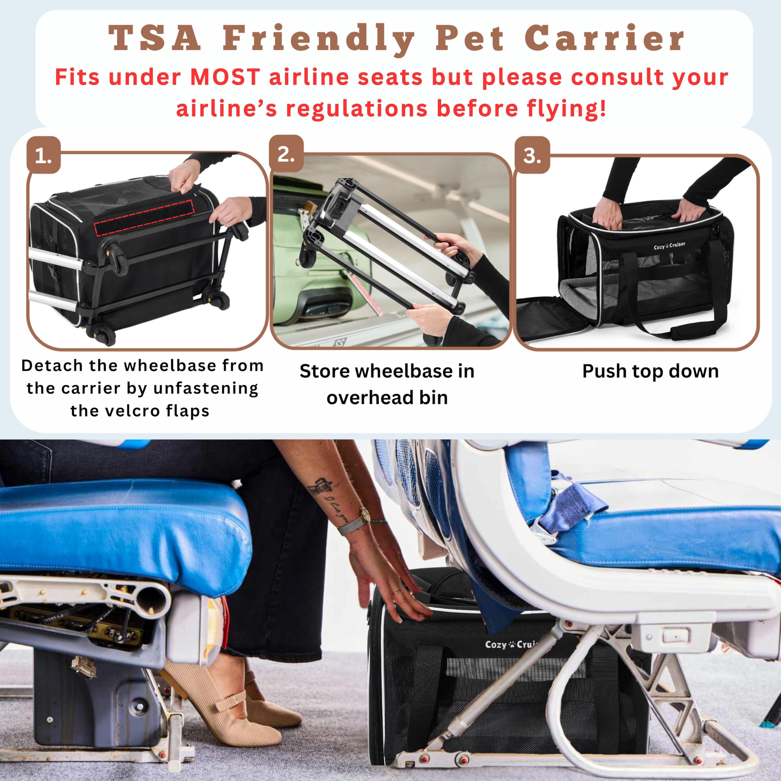 Cozy Cruiser Airline Approved Top-Expanding Pet Carrier on Wheels- Extra Spacious Soft Lined Carrier! 18x11x11 (Original Mesh Si