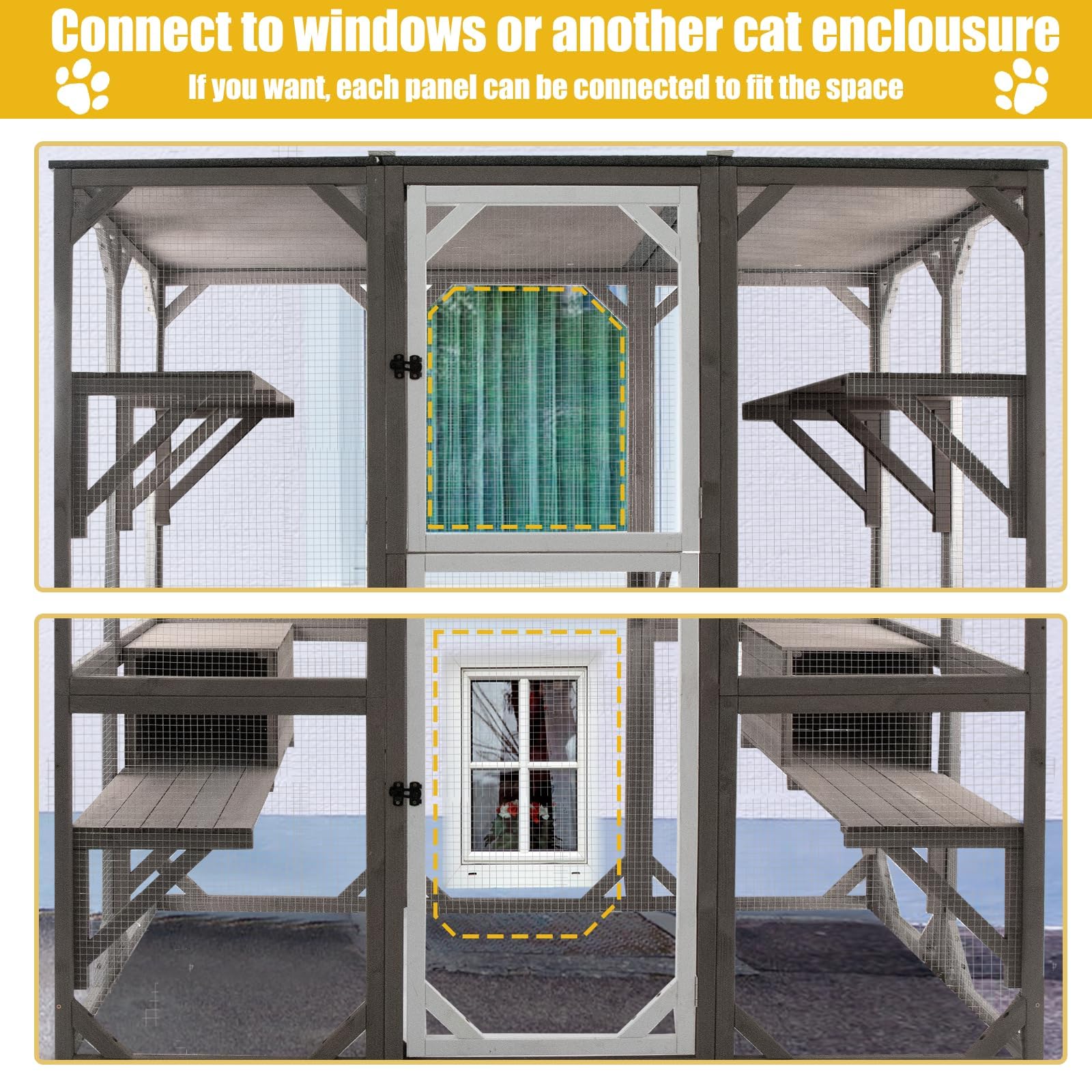 Gowoodhut Outdoor Catio Cat Enclosures - Wooden Cat House Weatherproof With Multi Platforms & Lounge Boxes,Combined- 71 Inch