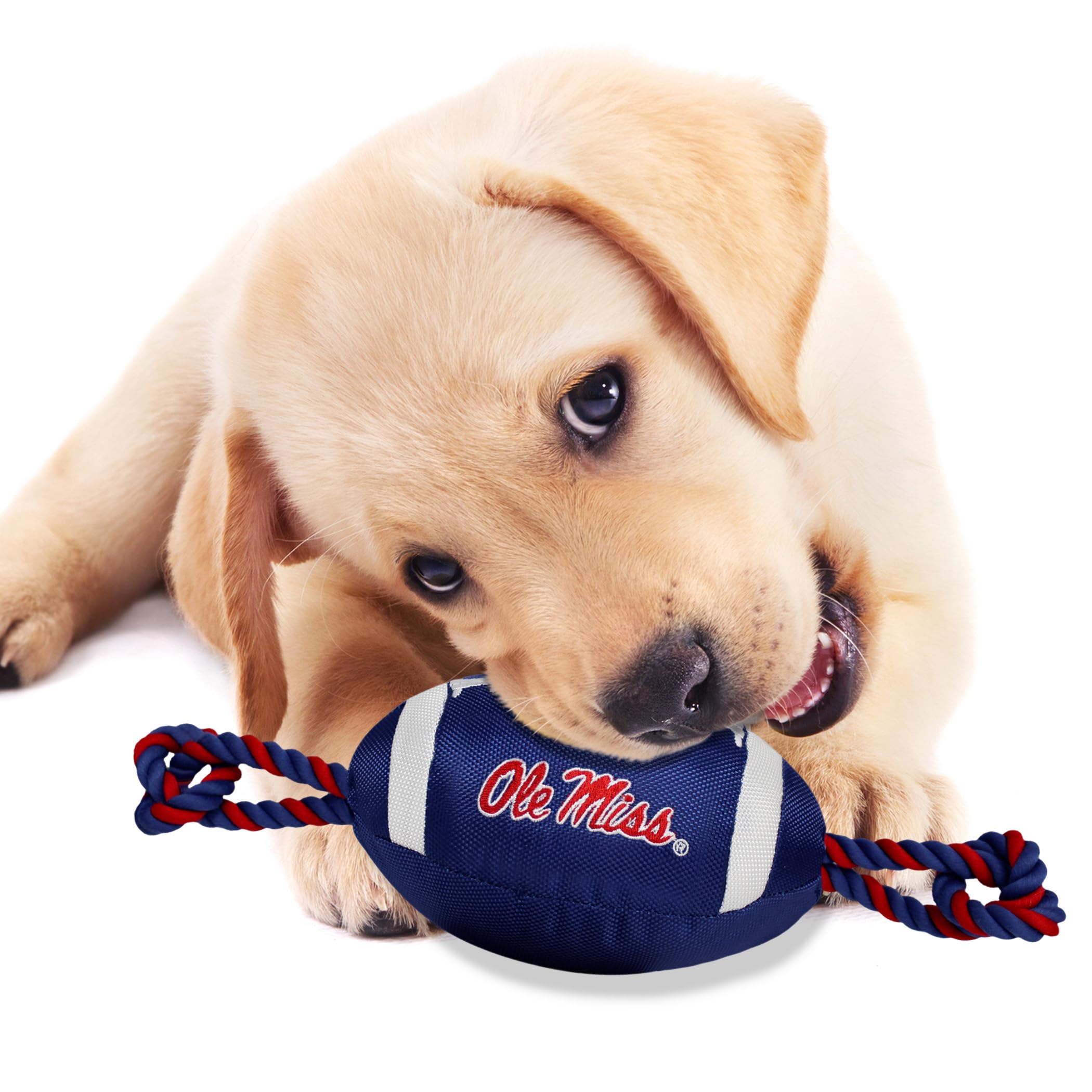 Pets First OLE Miss Football Dog Toy, Tough Quality Nylon Materials, Strong Pull Ropes, Inner Squeaker, Collegiate Team Color