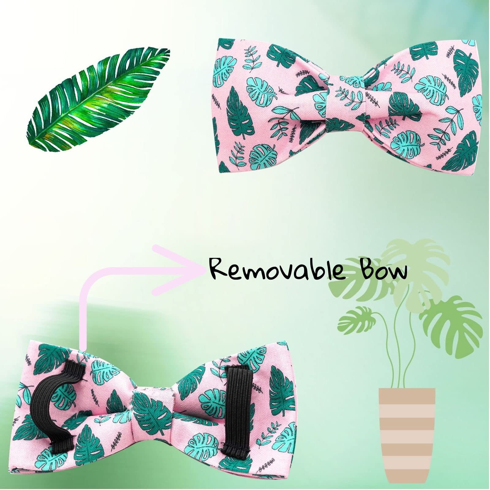 Elegant little tail Dog Collar, Pink Bandana Leaf Dog Collar with Bow Girl Dog Collar Pet Collars Soft Dog Bowtie Adjustable Dog