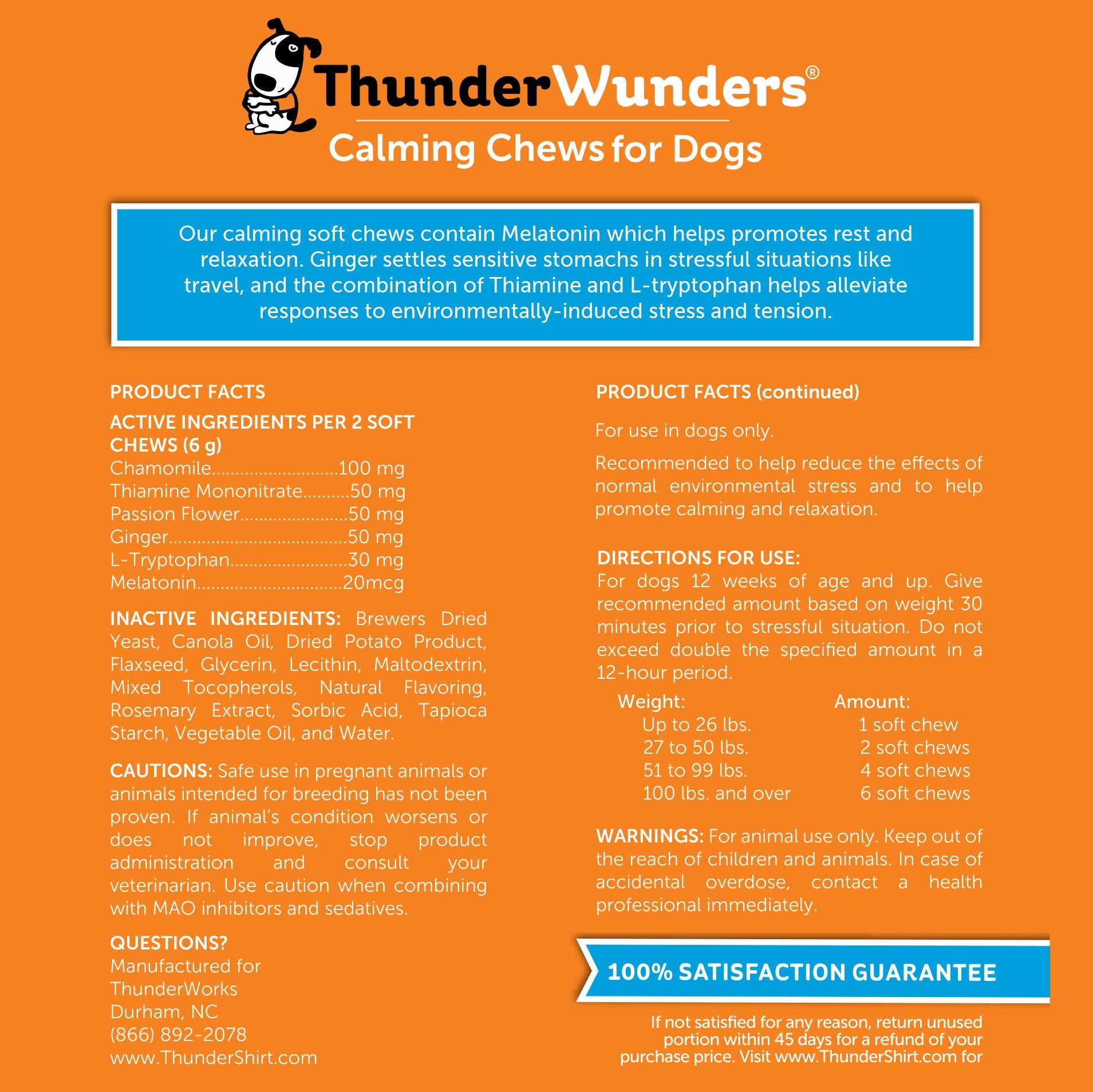 ThunderBites Dog Calming Chews, Thiamine, L-Tryptophan, Melatonin and Ginger, Can Help Relieve Stress from Separation, Storms, F