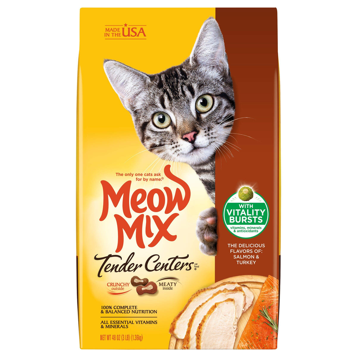 Meow Mix Tender Centers Dry Cat Food, Salmon & Turkey With Vitality Bursts, 3 Pound (Pack Of 4), Crunchy Outside Meaty Inside