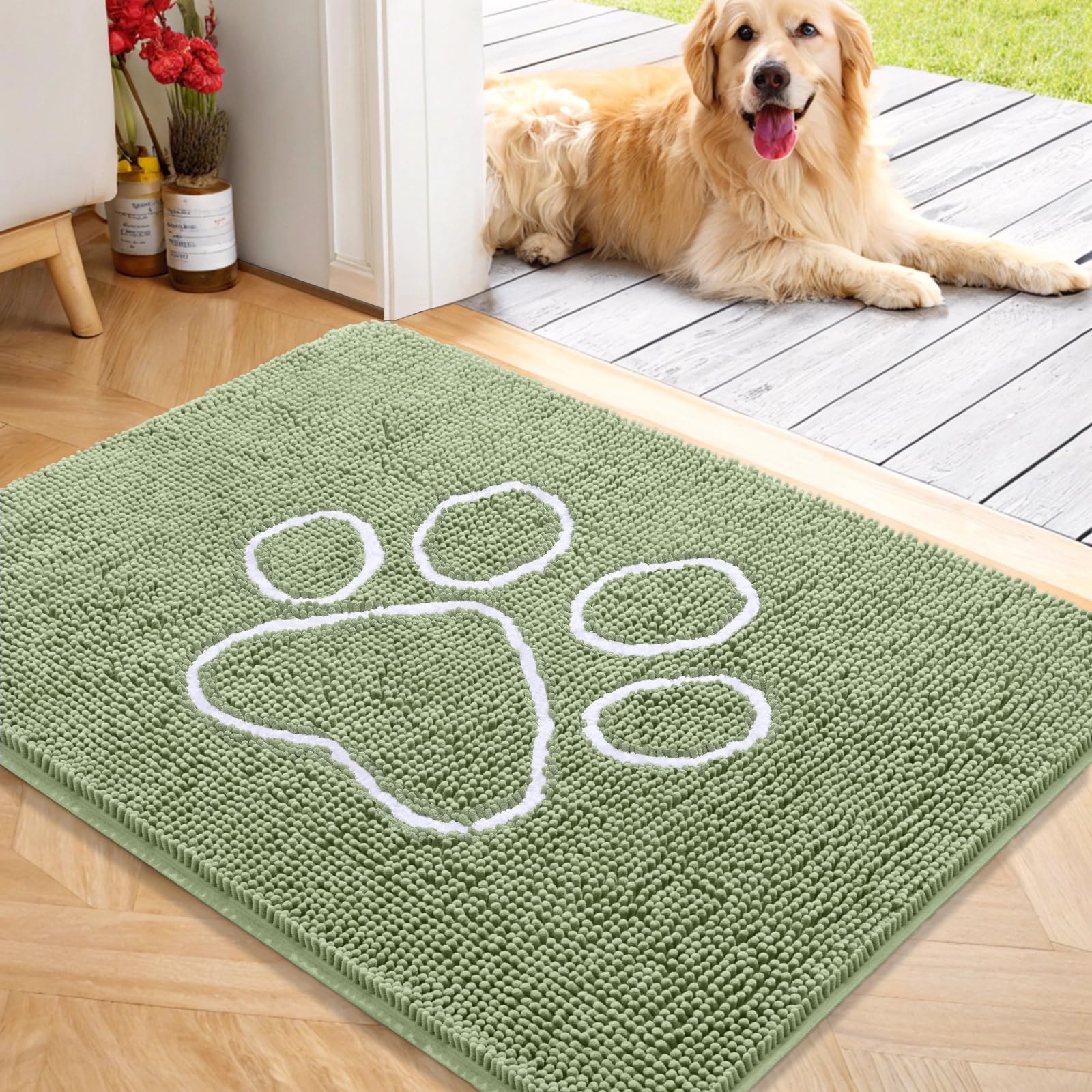 OLANLY Door Mat for Muddy Dog Paws 40x32, Ultra Absorbent Chenille Mud Doormat with Paw Print Design, Non-Slip Washable Doormat 