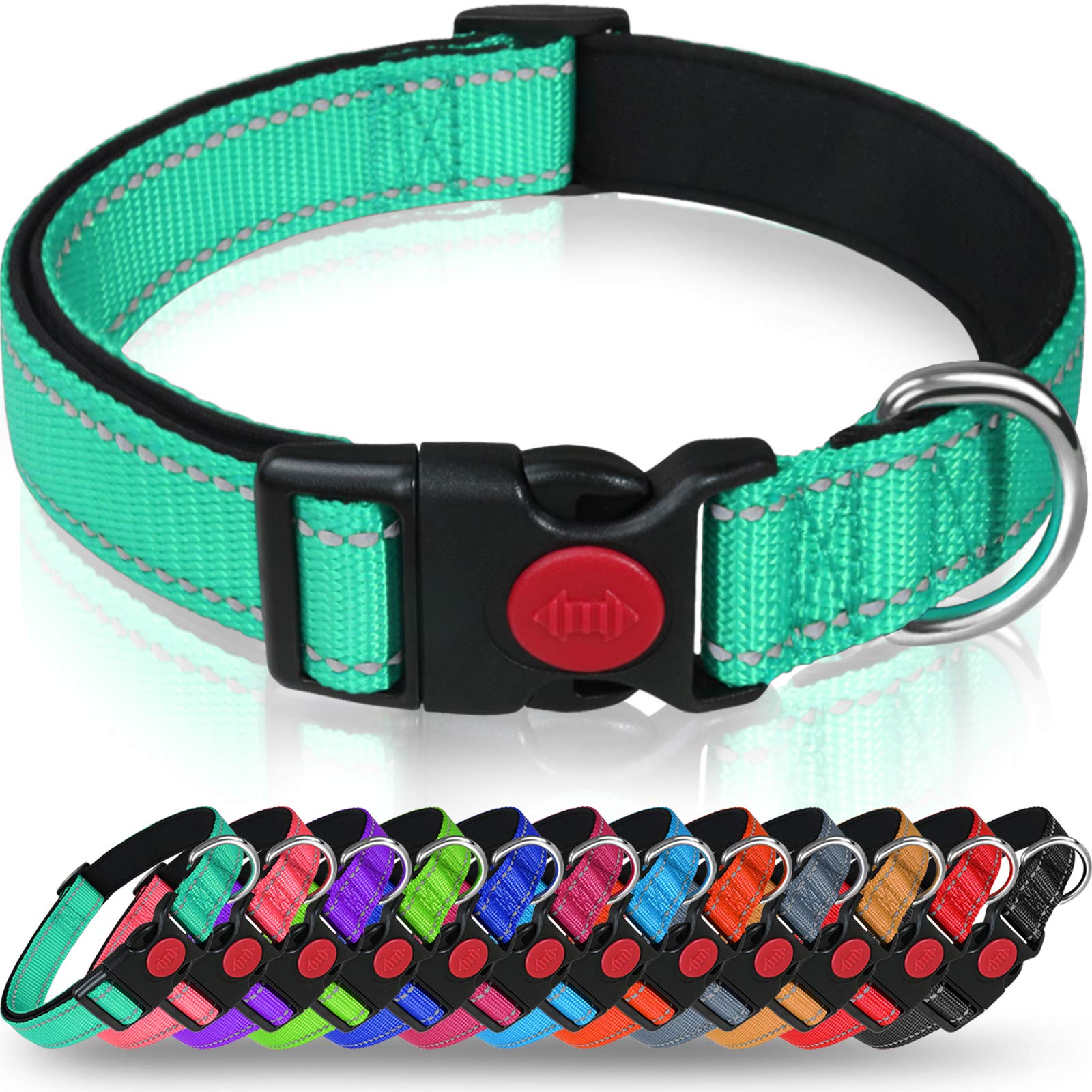 Taglory Reflective Dog Collar With Safety Locking Buckle, Adjustable Nylon Pet Collars For Large Dogs Female Male, Turquoise, L
