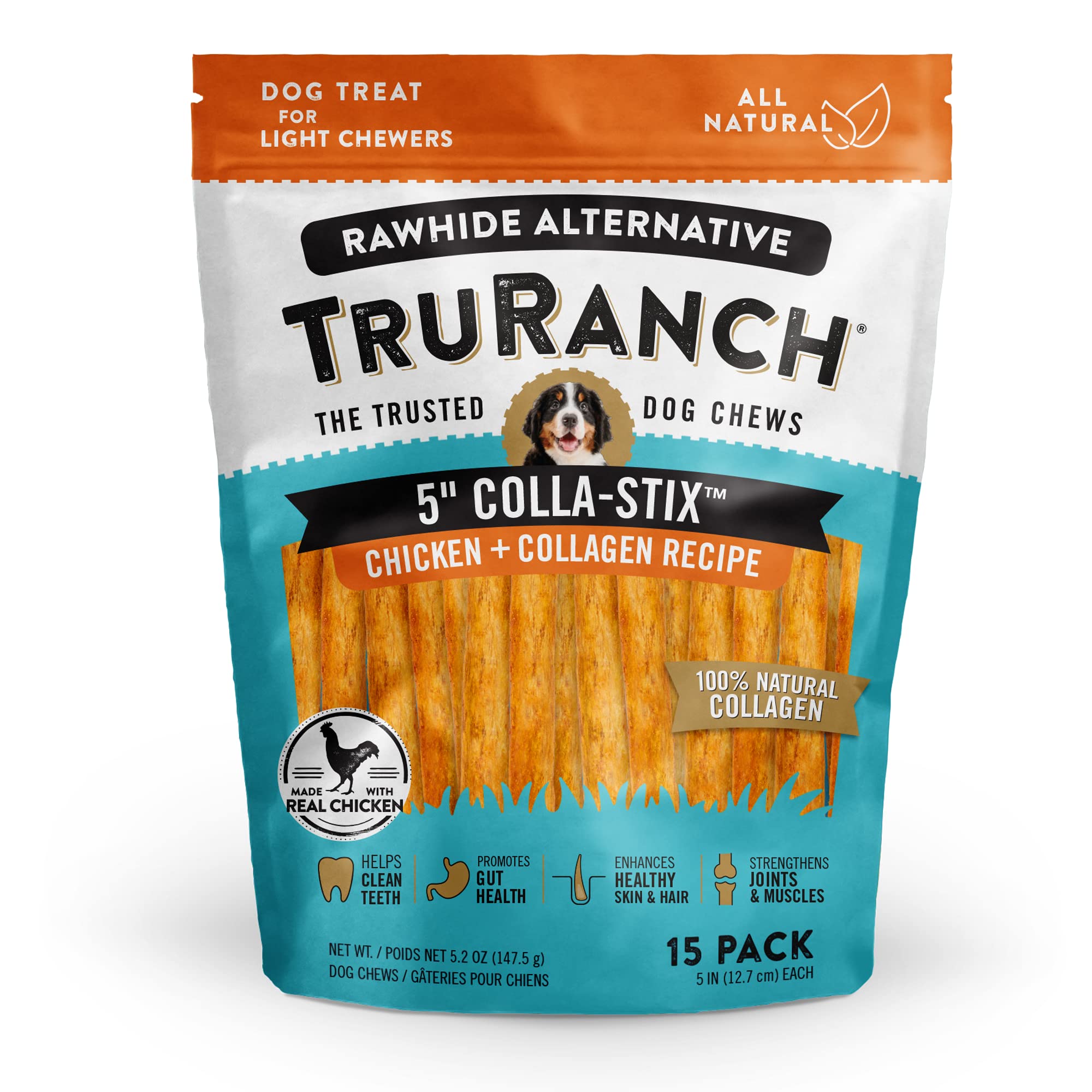 TRURANCH All-Natural Rawhide Alternative Dog Treats, 5 Sticks (Chicken), 50% Protein,Hydrolyzed Collagen Healthy Limited Ingredi