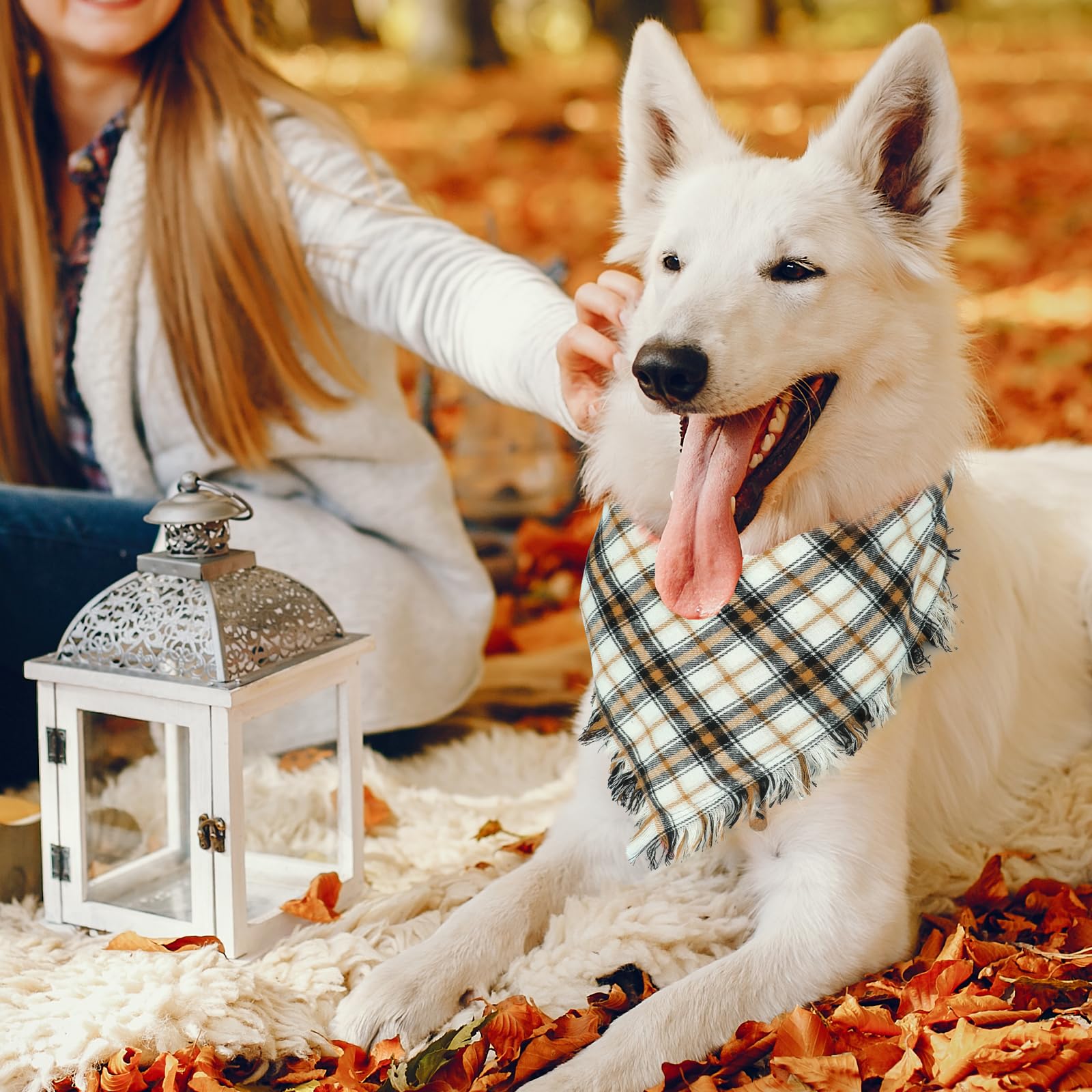 Viretec Fall Dog Bandana, Thanksgiving Autumn Dog Bandana Orange Plaid Pet Scarf For Boy And Girl, Seasonal Holiday Reversible Triangle Bibs For Large X-Large Dogs And Cats