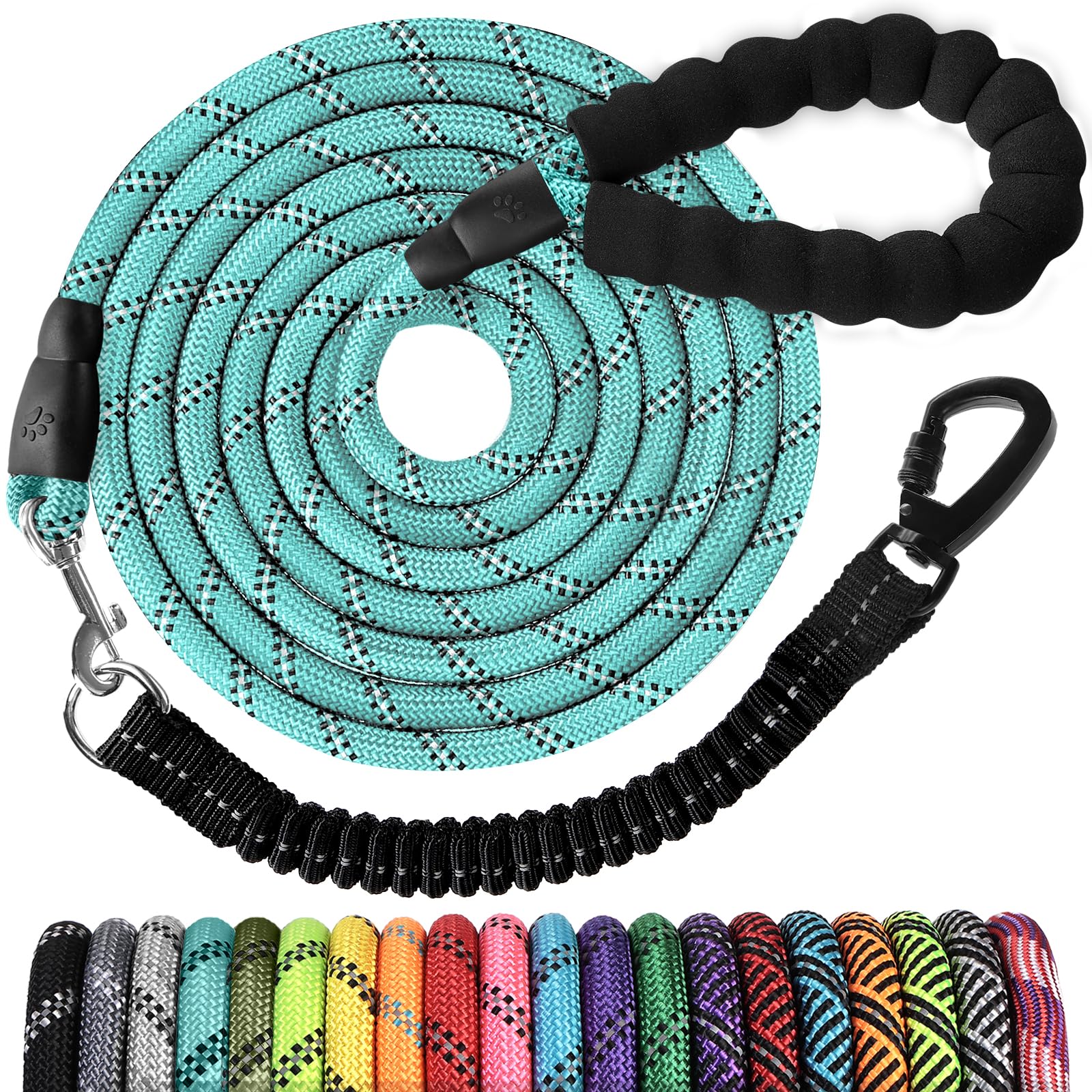 Jenico Long Dog Leash 15Ft: Heavy Duty Rope Leashes For Dogs Training With Swivel Lockable Hook Reflective Threads Bungee And Padded Handle - Dog Lead For Large Small Medium Dogs Outside Walking