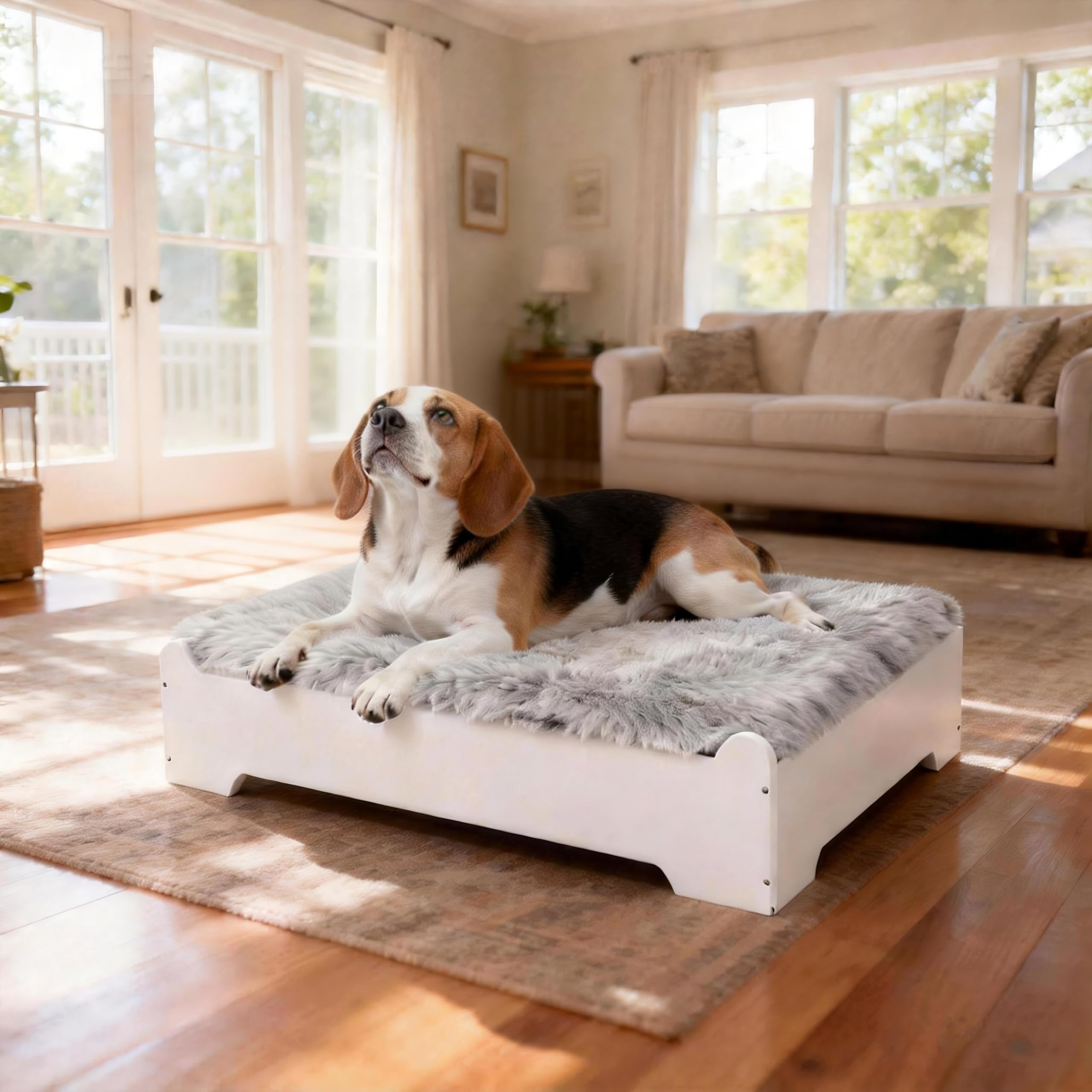 CLOUDBERG Medium Elevated Wooden Dog Bed Frame with Cushion, Raised Dog Couch Sofa 32x 24 Up to 50lbs