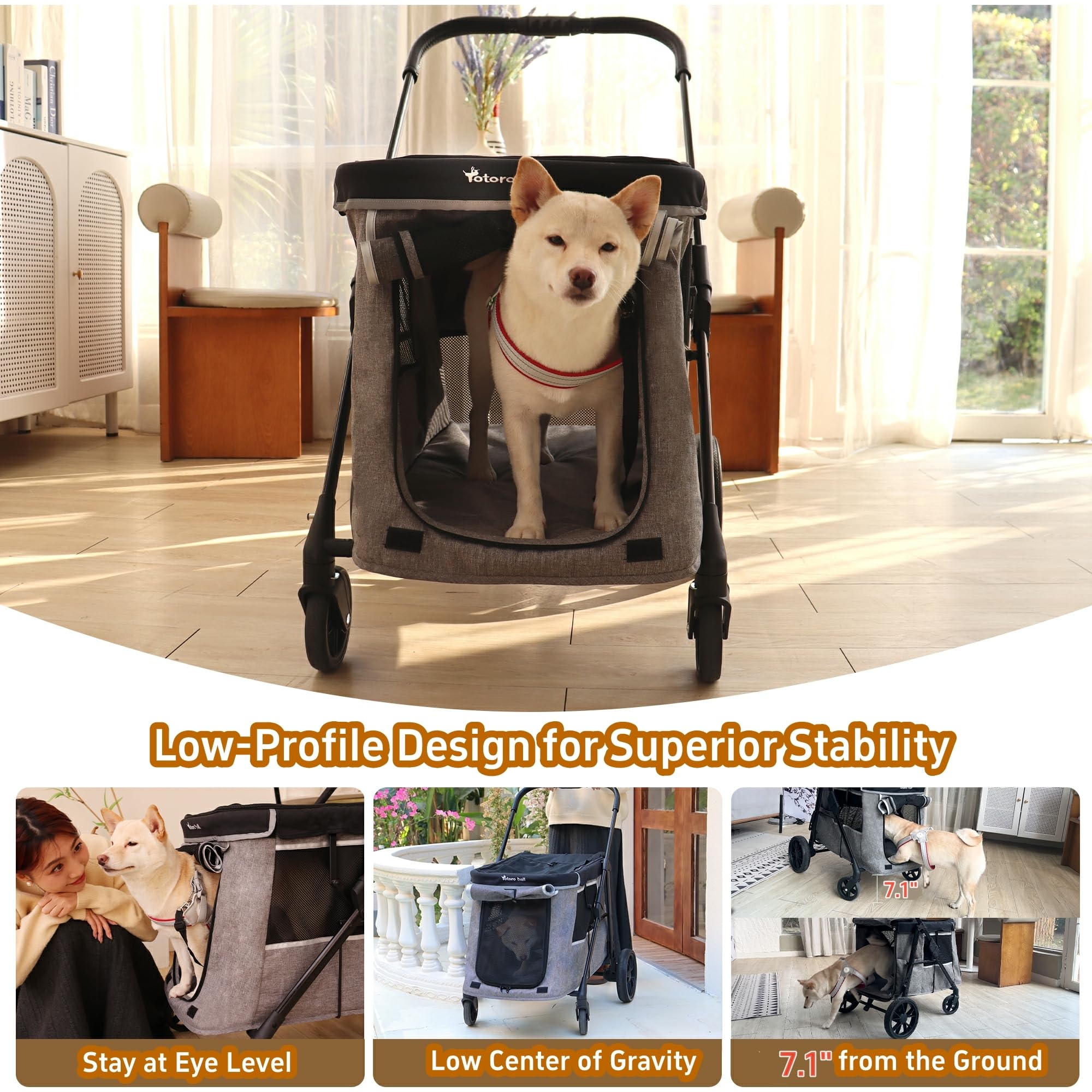 Totoro Ball Medium Dog Stroller For Small To Large Dogs 4 Wheels Multi Pet Stroller For 4 Dogs Holds Up To 66Lbs, One-Click Fold