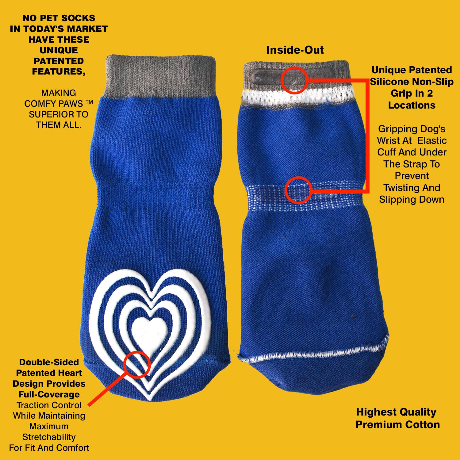 Double Sided Non-Slip Cotton Dog Socks| Pawflex Comfy Pawz Silicone Grip At Inner Cuff For No Twisting Or Sliding Off | Adjustab