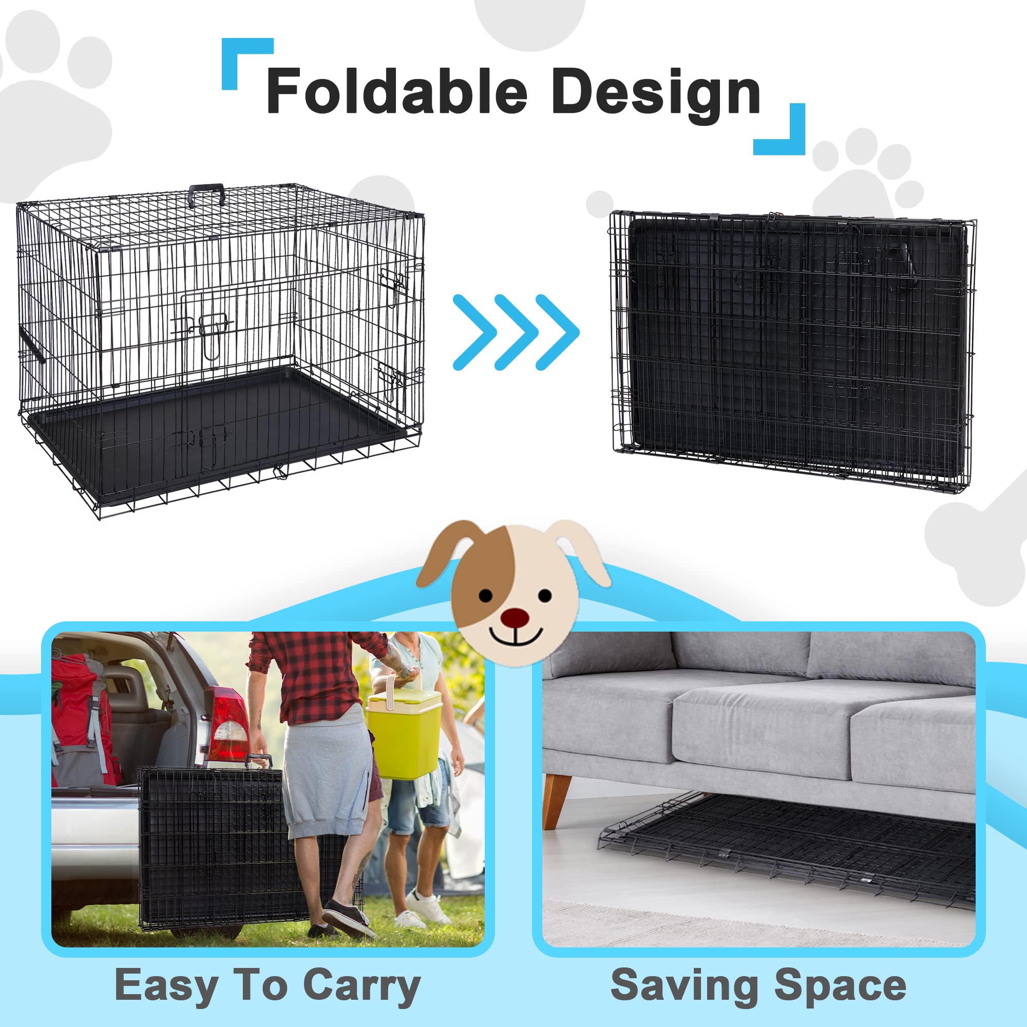 Zeny 42 Inch Dog Crate Double Door Folding Metal Dog Or Pet Crate Kennel With Tray And Handle