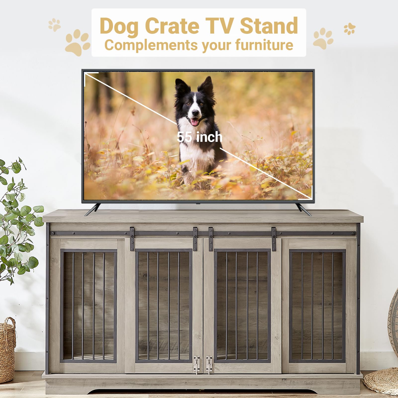 Rovibek 61 Double Dog Crate Furniture for 2 Dogs, Large Double Dog Kennel Furniture TV Stand, Furniture Style Dog Crates End Tab