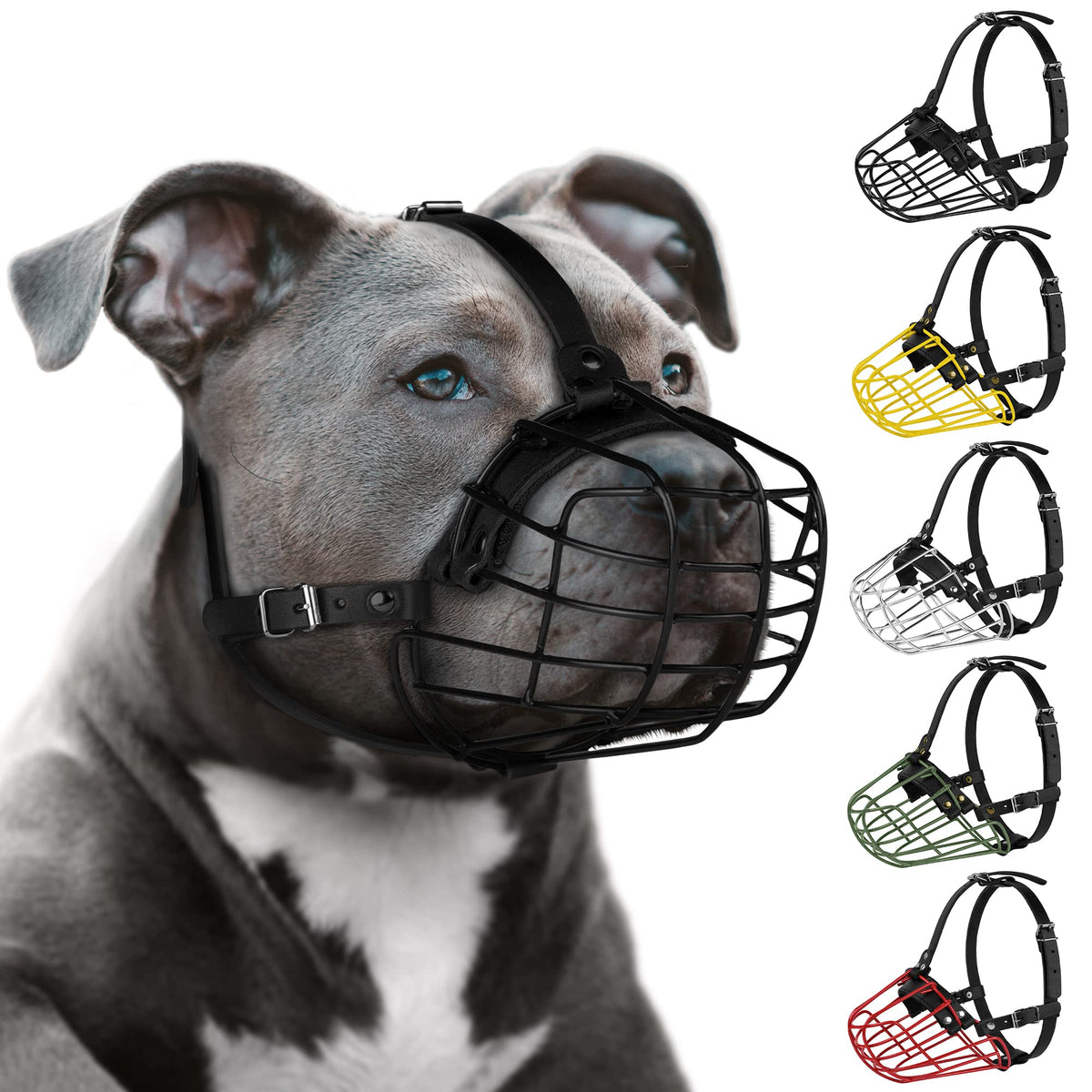 Pitbull Dog Muzzle Metal Mask Amstaff Secure Wire Basket Adjustable Durable Leather Straps For Large Dogs (Black)
