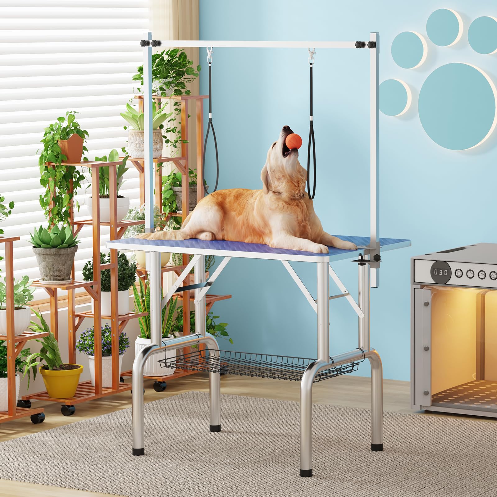 36 Professional Dog Pet Grooming Table Heavy Duty Adjustable with Overhead Arm, Two Grooming Noose Mesh Tray Blue