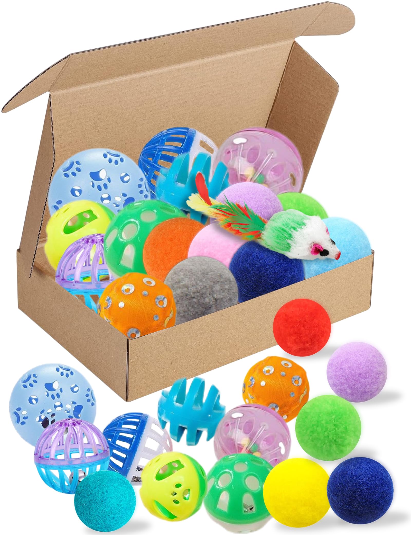 Heuhai 15-Piece Toy Set With Jingle Balls, Mouse & Fuzzy Balls - For Play, Exercise, And Interactive Fun (1.5' - 2.2', Cat Toy